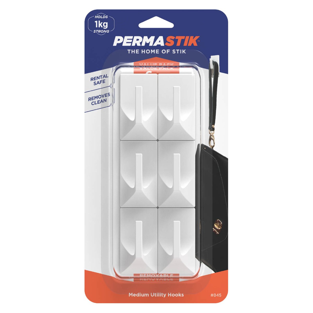Permastik Medium Self-Adhesive Utility Hooks 6 Pack - White, Holds 1kg