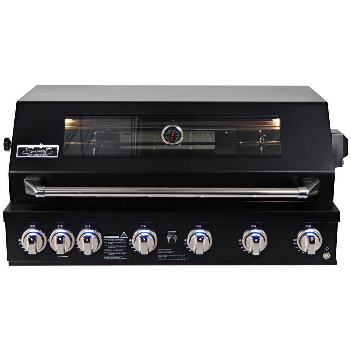 Smart Built-In LPG BBQ - Black, Cast Iron Grill Plates, Motorised Rotisserie Kit - 601W-BK