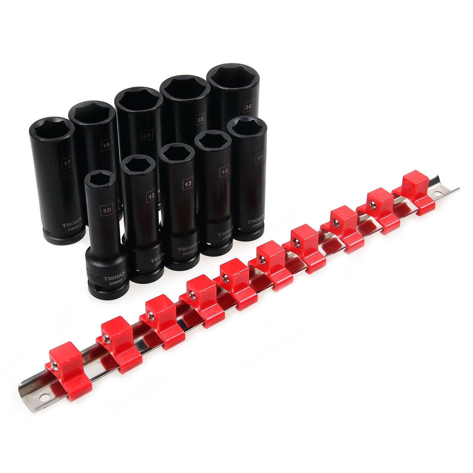 Trojan 10 Piece Deep Impact Socket Rail Set 1/2" Drive 10-24mm 6 Point