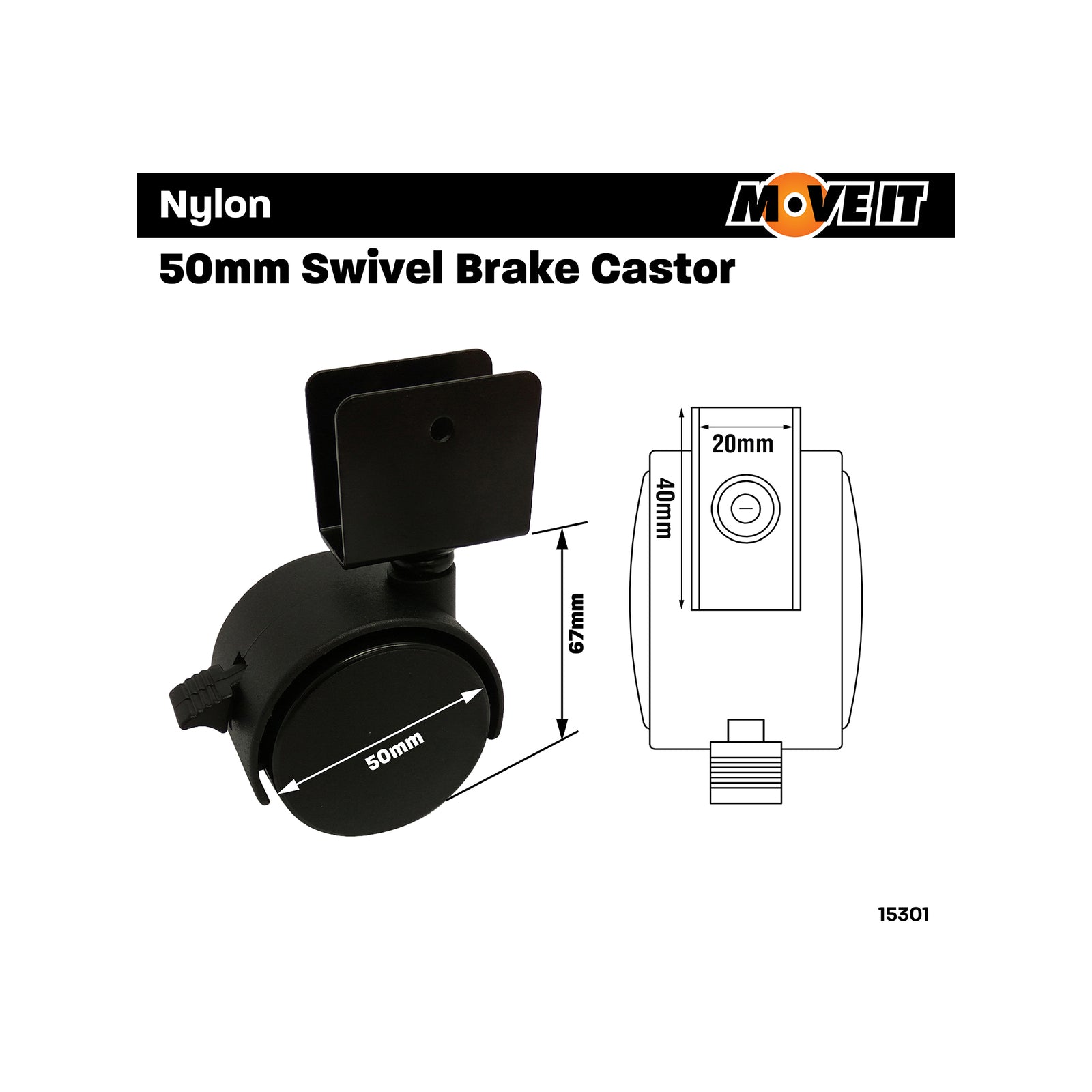 Move It 50mm Nylon Twin Wheel Swivel Castor with Brake & U Bracket, 34kg, Black - 2 Pack