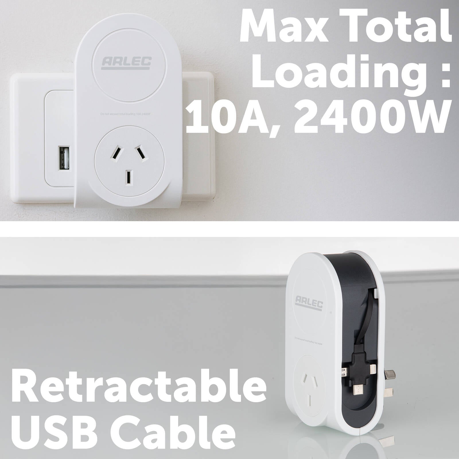 Arlec Power Adaptor with Retractable USB Charger Cable DA32