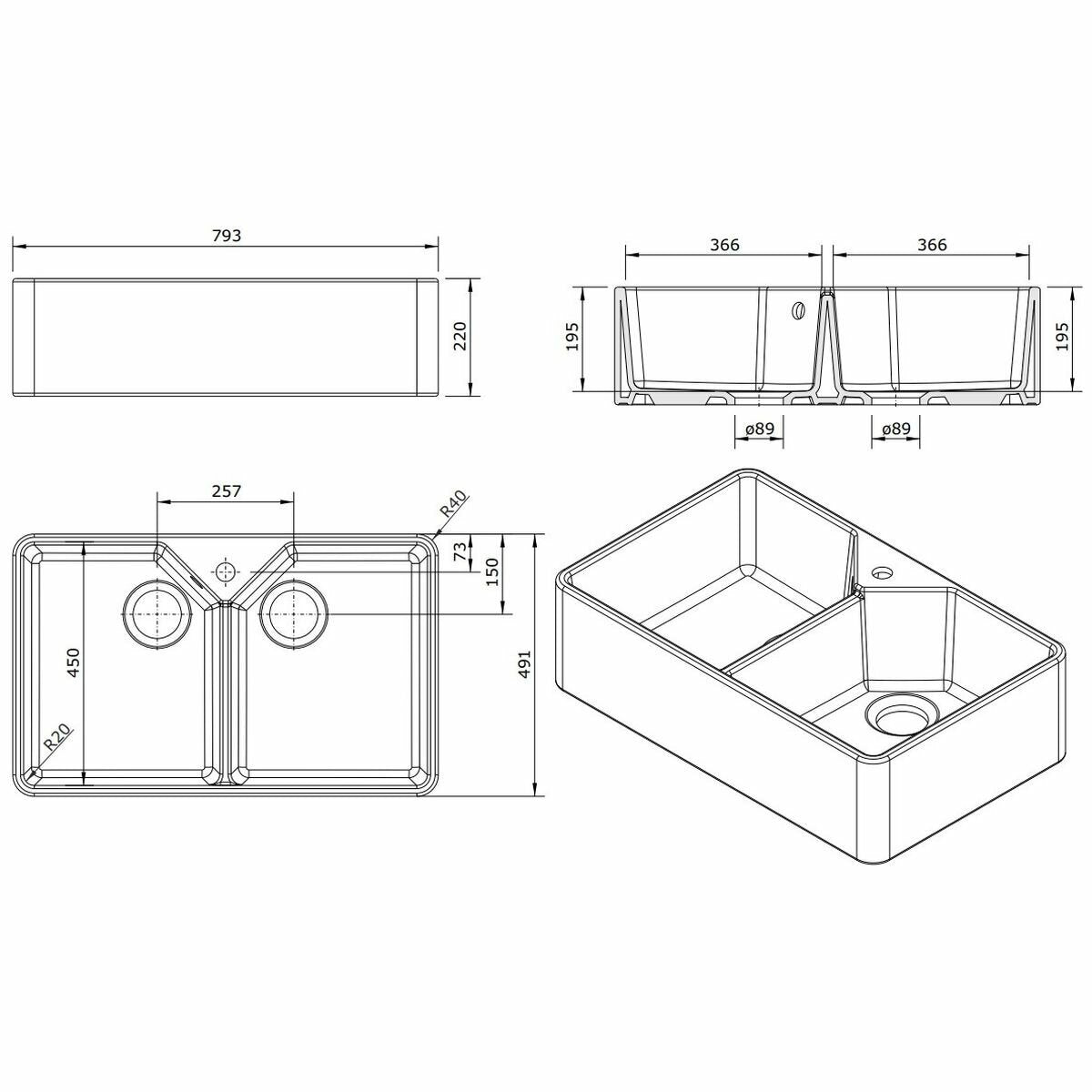 Turner Hastings Chester Double Butler Sink - White, Stain and Scratch Resistant, Heat-Proof - 7403TH
