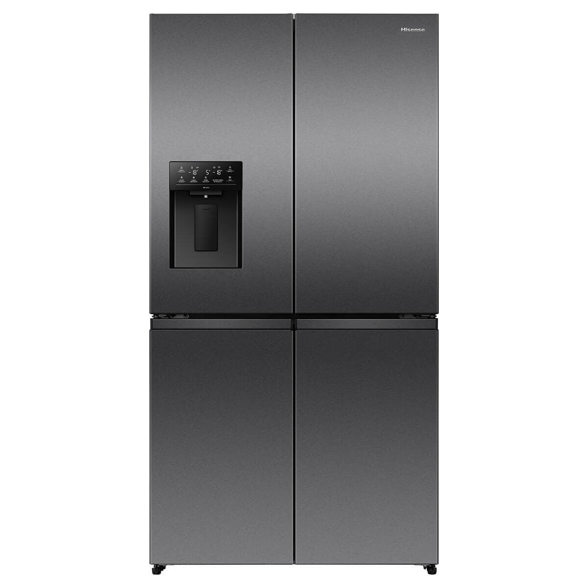 Hisense 640L Quad Door Fridge - Dark Stainless Steel - Non-Plumbed Ice and Water Dispenser - HRCD640TBW