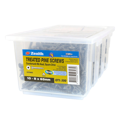 Zenith 10-8 x 65mm Tufcote Countersunk Rib Head Treated Pine Screws Carbon Steel 500 Pack