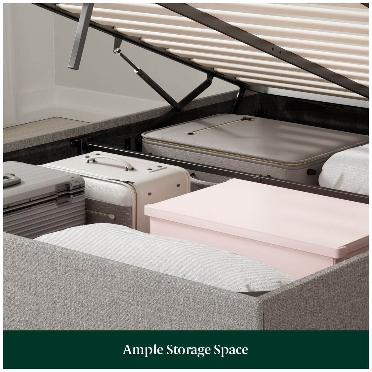 Zinus Double Gas Lift Bed Base - Light Grey Upholstered Finish, Hidden Under-Bed Storage - AU-FPPPL1ZC-11D
