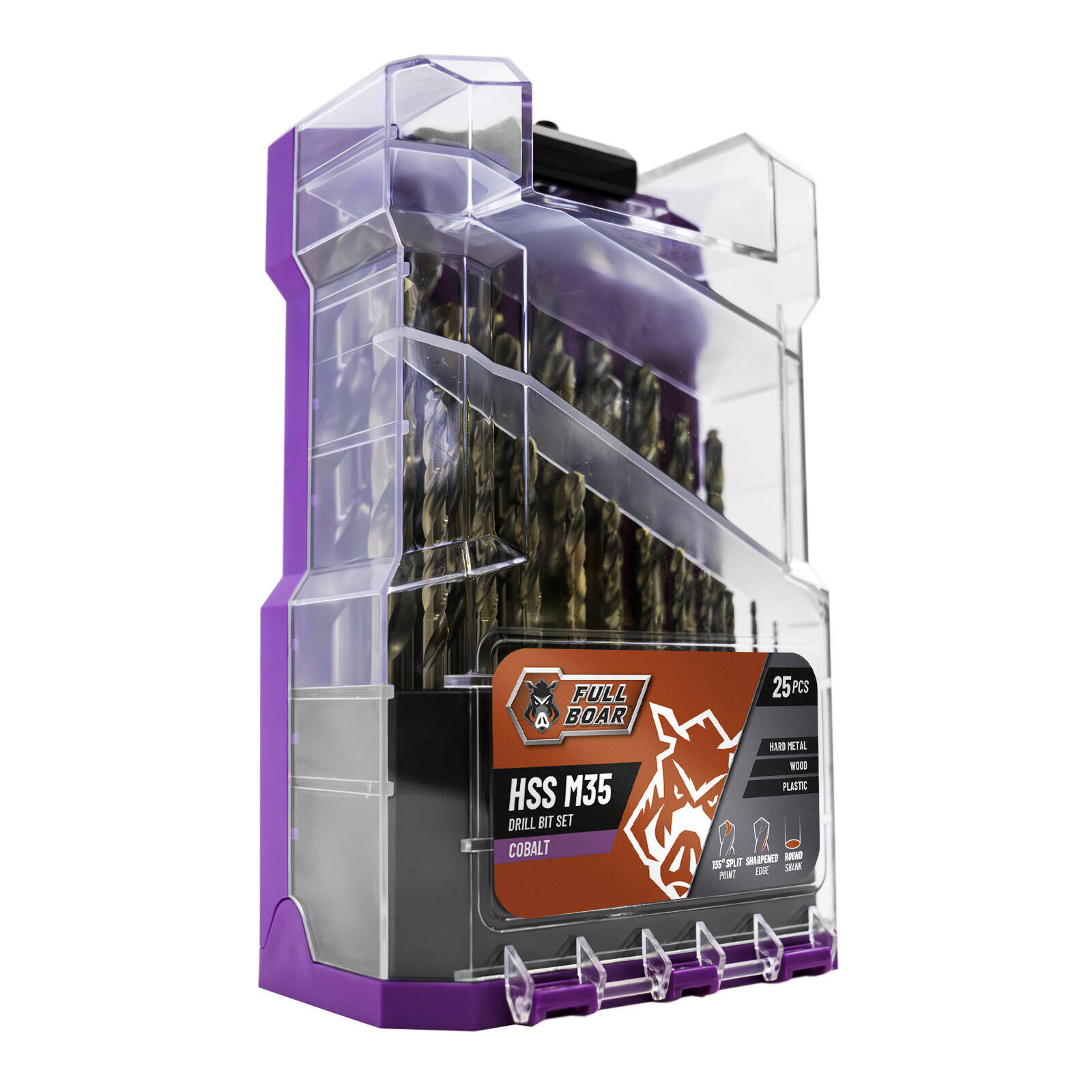 Full Boar 25 Piece HSS M35 Cobalt Drill Bit Set, 135-Degree Split Point