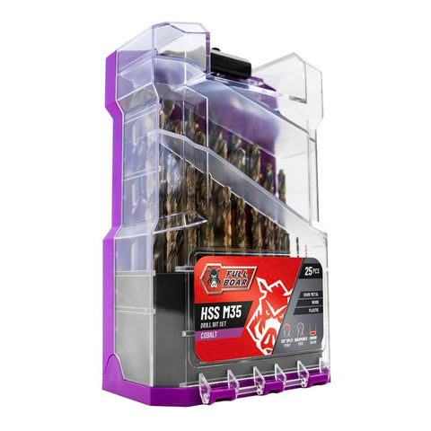 Full Boar 25 Piece HSS M35 Cobalt Drill Bit Set, 135-Degree Split Point