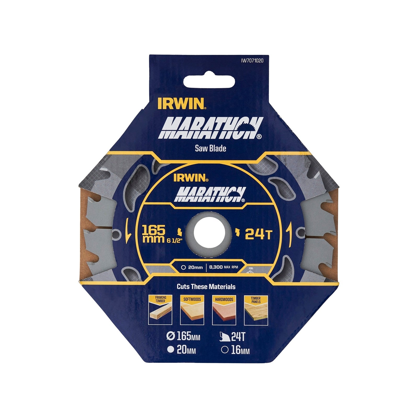 Irwin 165mm 24T Marathon Circular Saw Blade, 20mm Arbor 16mm Bush