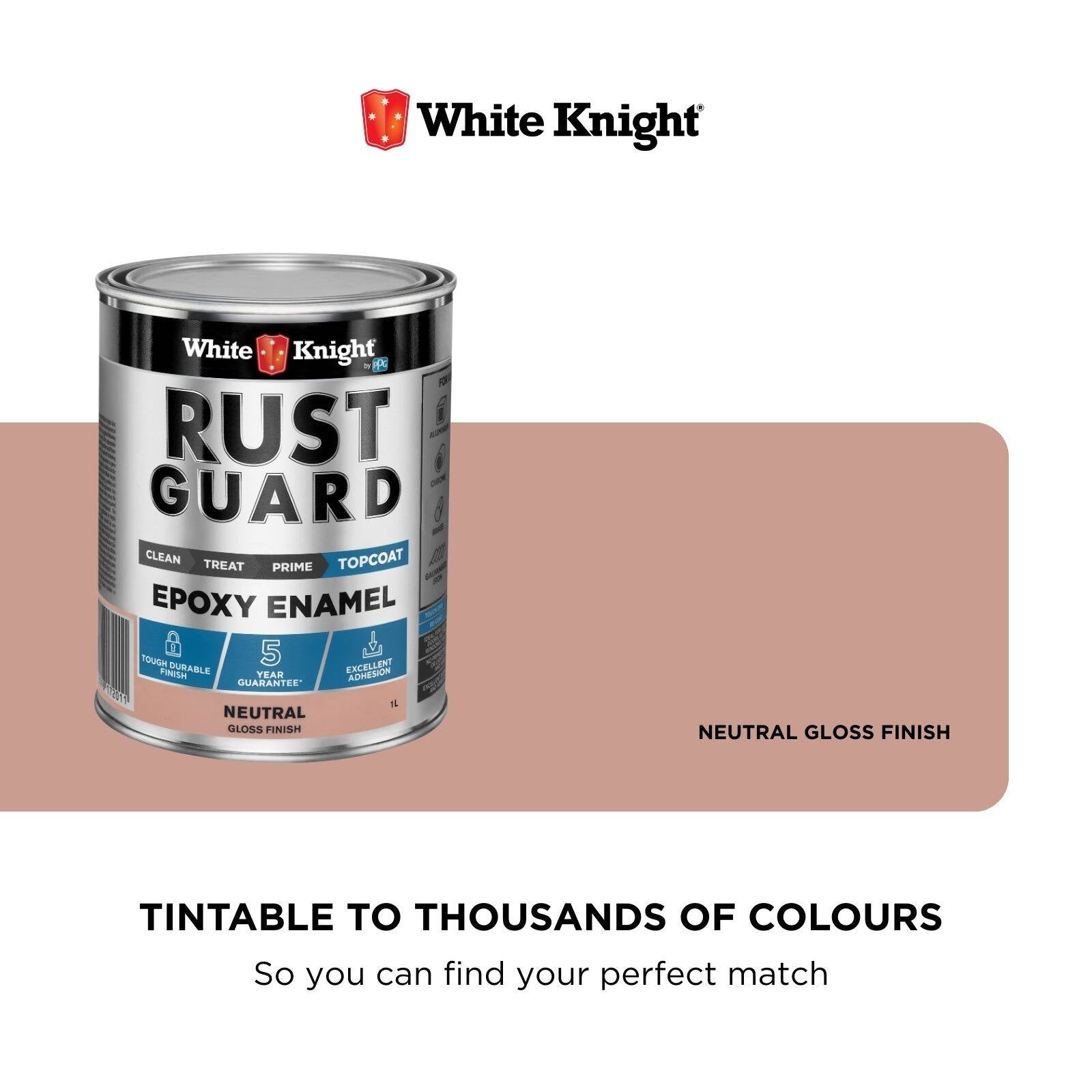 White Knight Rust Guard 1L Neutral Gloss Epoxy Enamel Paint, Solvent-Based, One-Step for Metal Surfaces