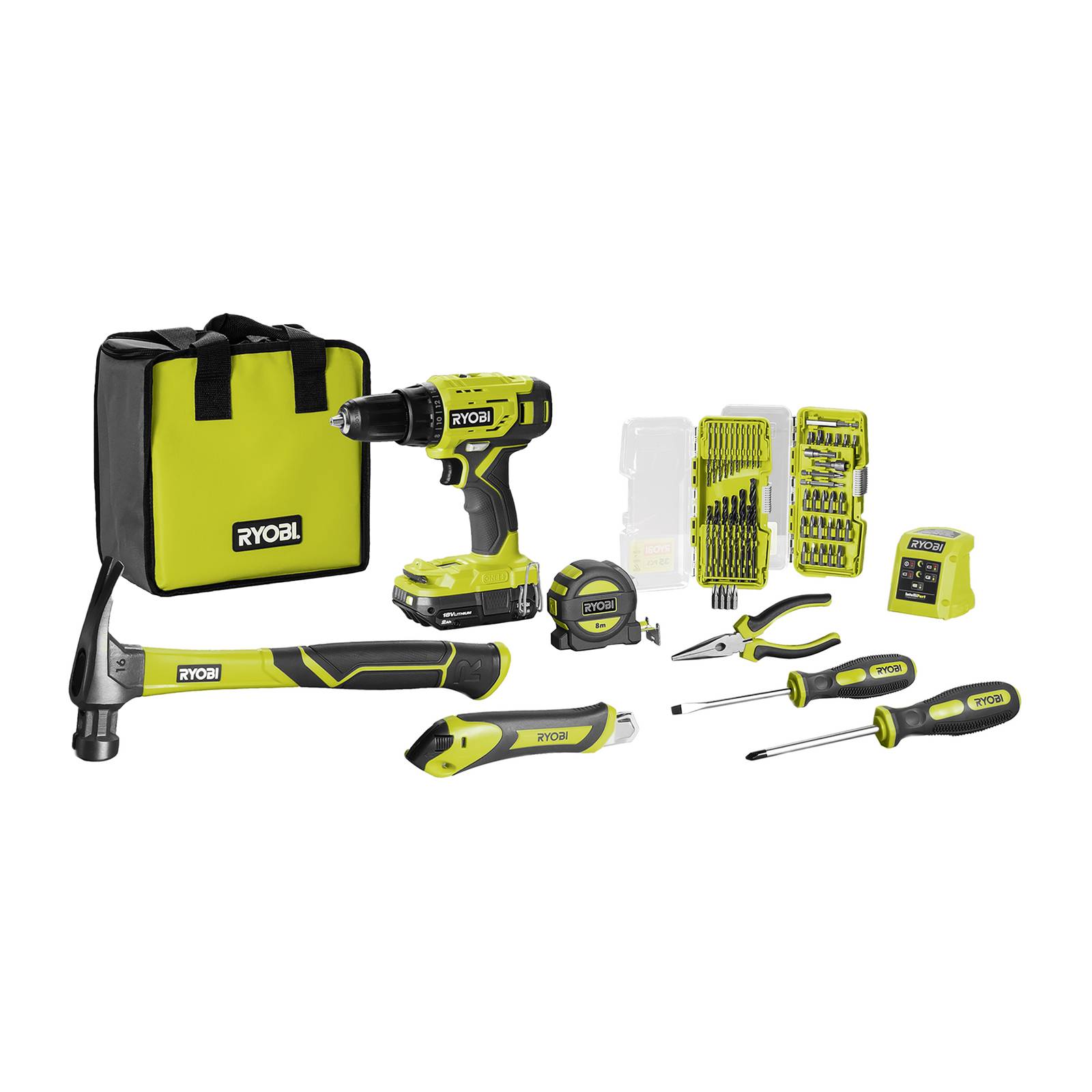 Ryobi 18V ONE+ Cordless Drill Driver Home Essentials Kit 13mm Keyless 24-Setting R18DD2HE12