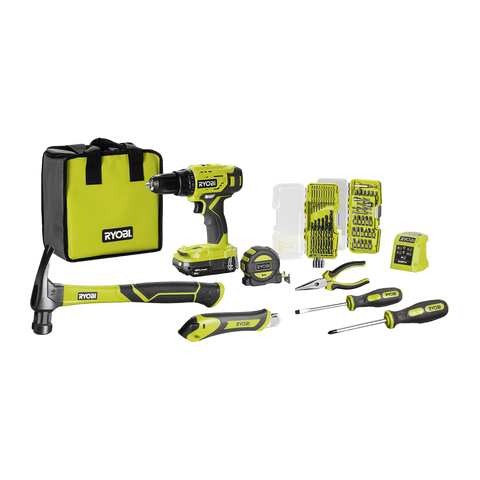 Ryobi 18V ONE+ Cordless Drill Driver Home Essentials Kit 13mm Keyless 24-Setting R18DD2HE12