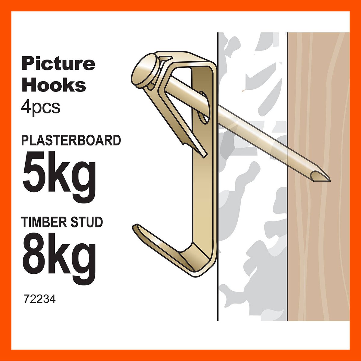 Everhang 8kg Brass Plated Steel Picture Hanging Angle Drive Hook - 4 Pack
