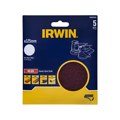 IRWIN 125mm 40 Grit No Holes Quick Fit Random Orbital Sanding Discs - 5 Pack
