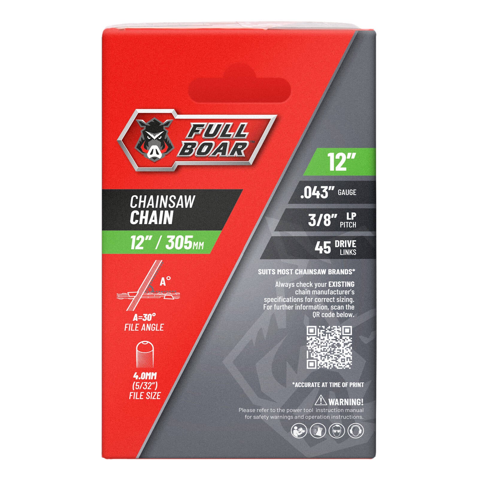 Full Boar 12" / 305mm Chainsaw Chain - 45 Drive Links, 9.53mm Pitch, 0.043 Gauge