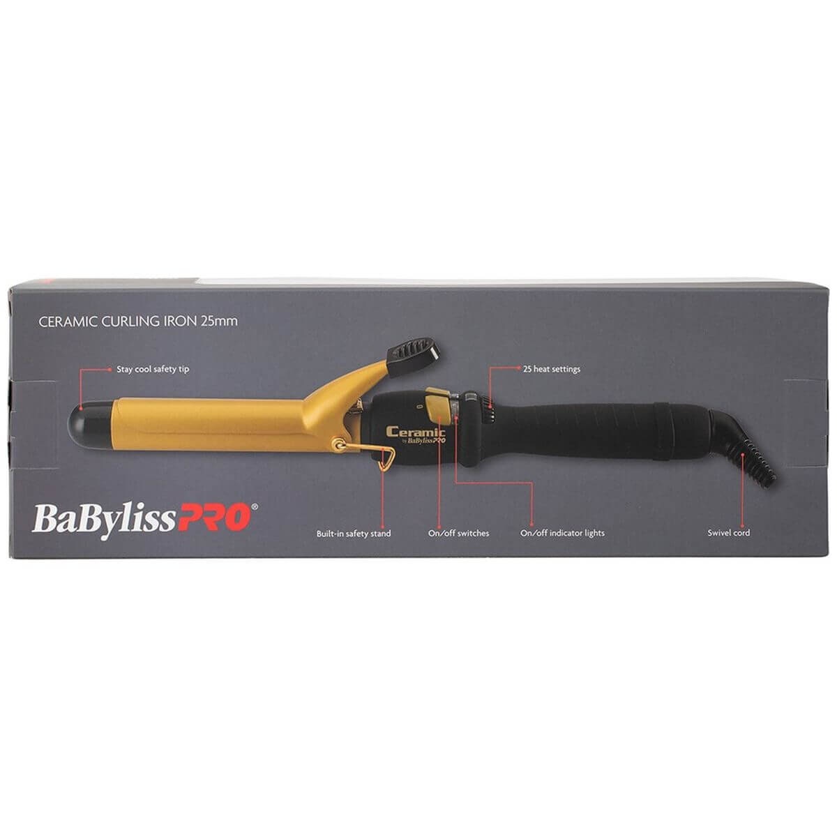 BaBylissPRO 25mm ceramic curling iron - black and gold, 25 heat settings, fast heat up, swivel cord - 900783