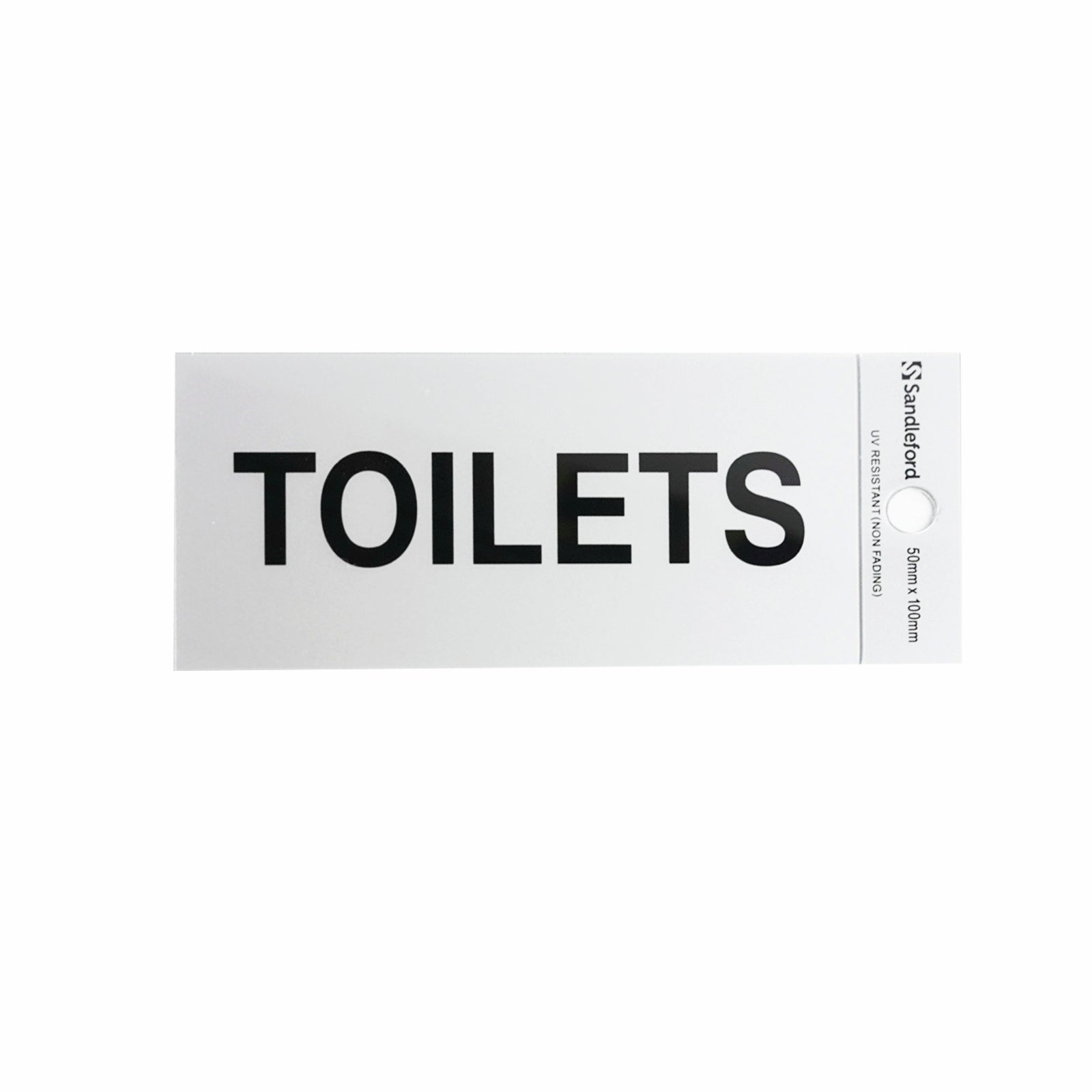 Sandleford 100 x 50mm Toilets Self Adhesive Sign, Gloss Silver Weather Resistant Polycarbonate