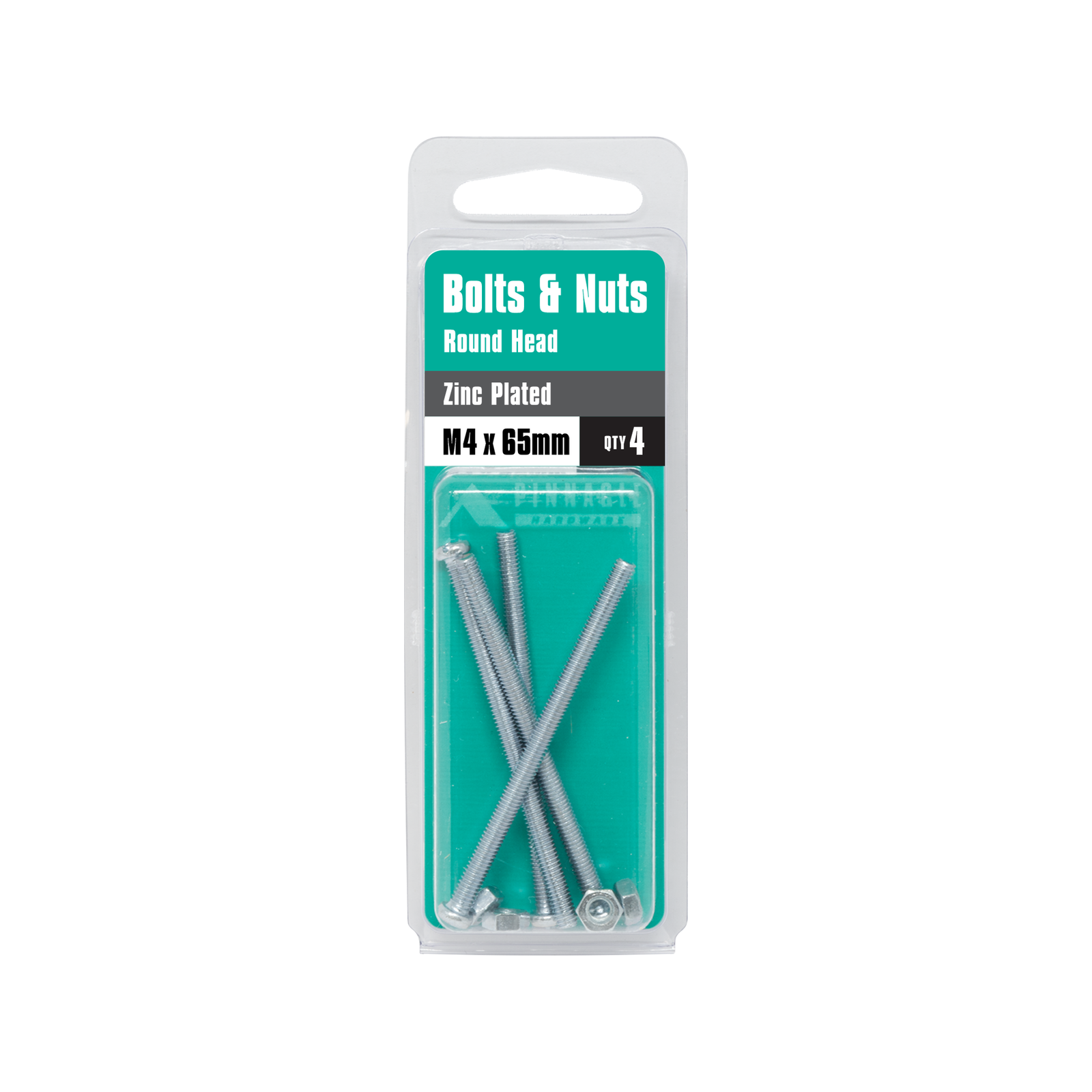Pinnacle M4 x 65mm Zinc Plated Round Head Bolts and Nuts - 4 Pack