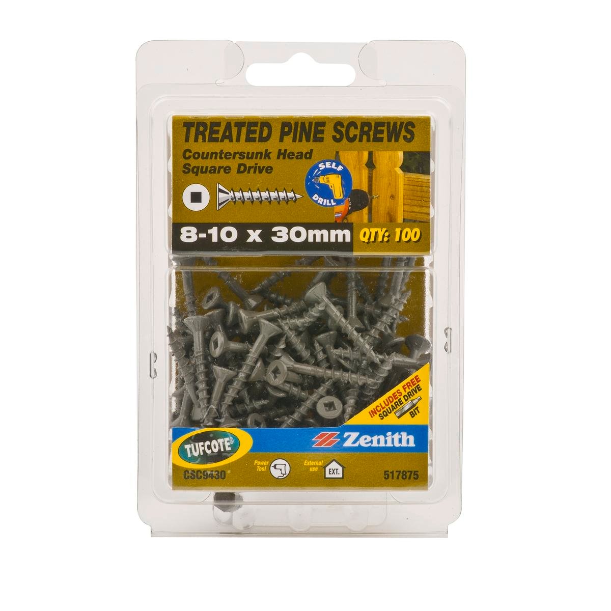 Zenith 8-10 x 30mm Treated Pine Countersunk Head Screws - Tufcote, Needle Point, 100 Pack