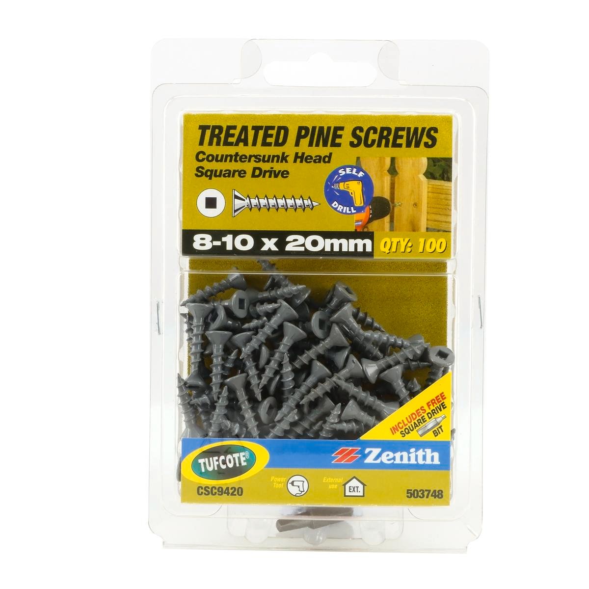 Zenith 8G x 20mm Tufcote Countersunk Head Treated Pine Screws 100 Pack