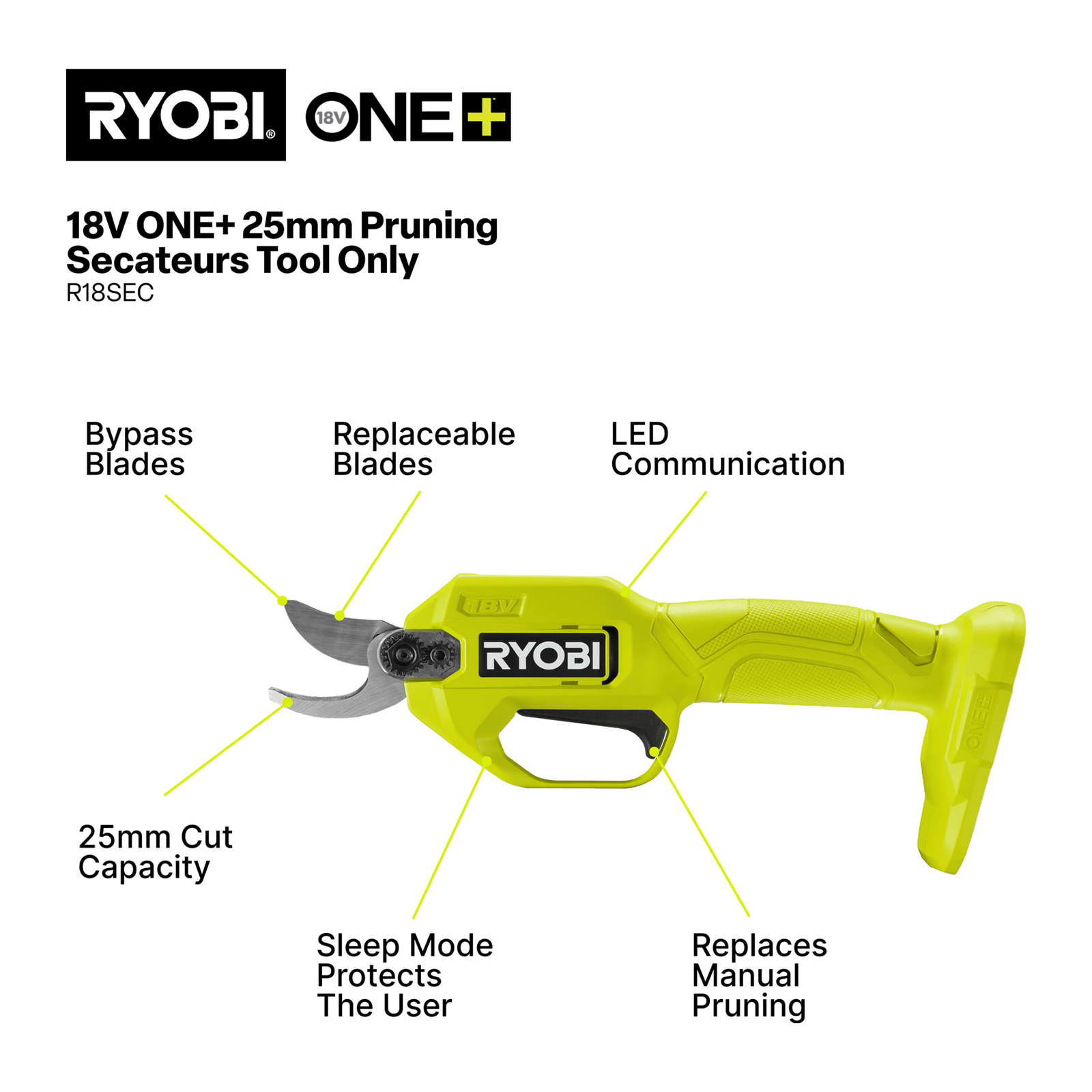Ryobi 18V ONE+ Cordless Bypass Pruning Secateurs - Tool Only R18SEC