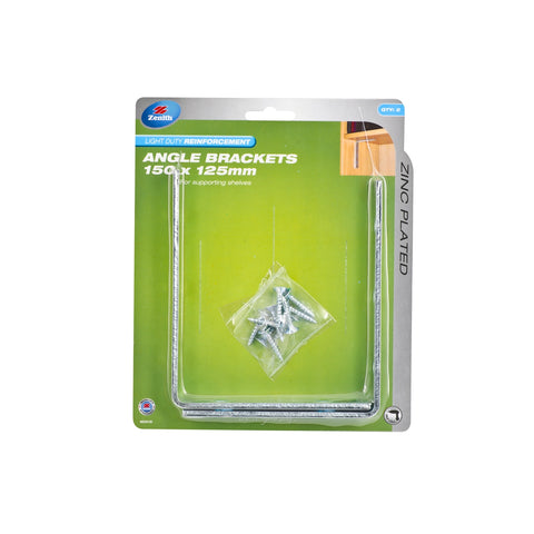 Zenith 150 x 125mm Zinc Plated Steel Angle Brackets, 2 Pack with Screws for Heavy Shelving