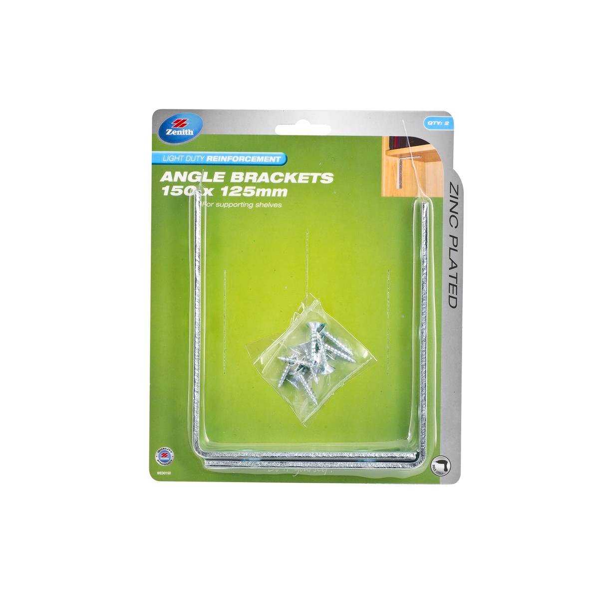 Zenith 150 x 125mm Zinc Plated Steel Angle Brackets, 2 Pack with Screws for Heavy Shelving