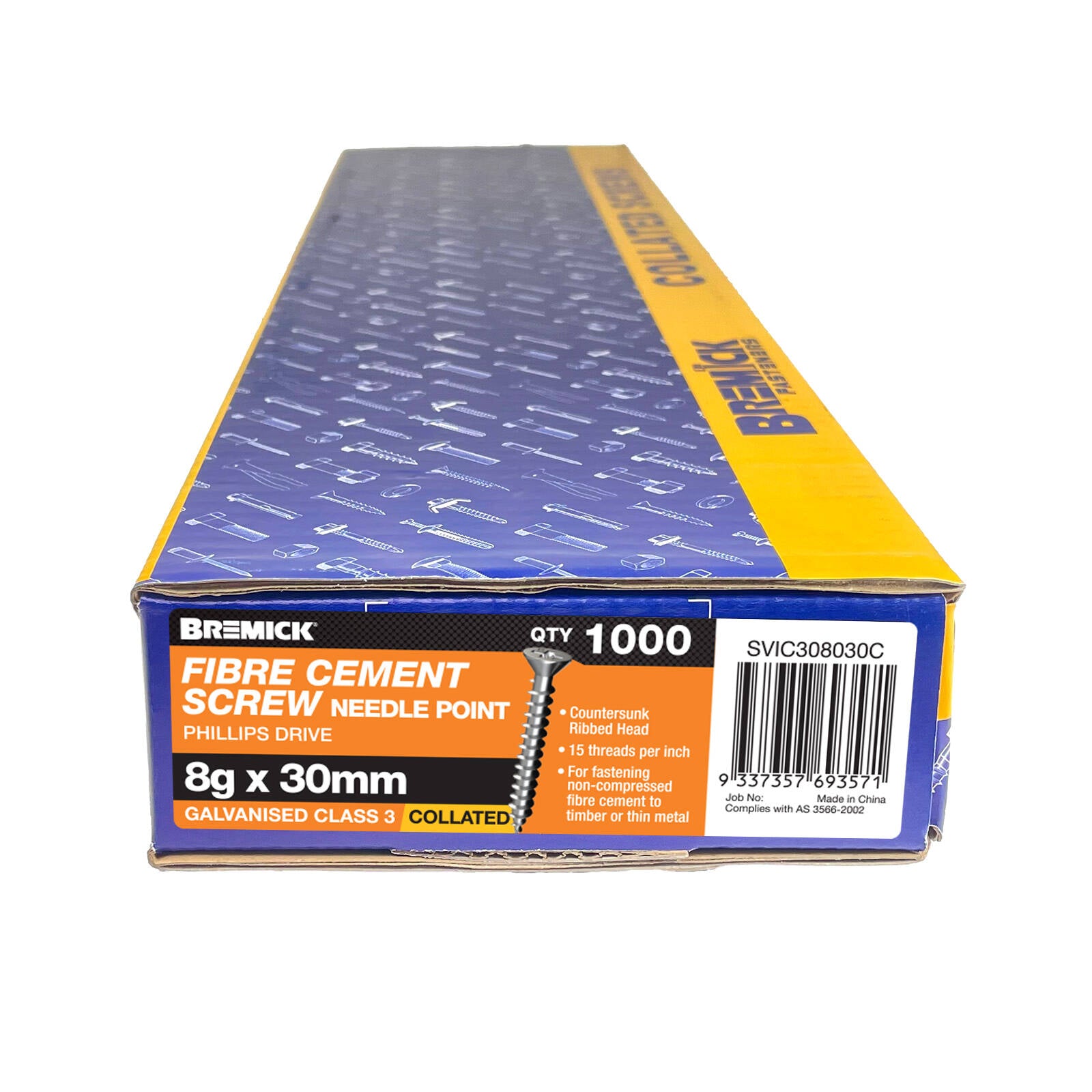 Bremick 8g x 30mm Galvanised Carbon Steel Collated Fibre Cement Screw 1000 Pack