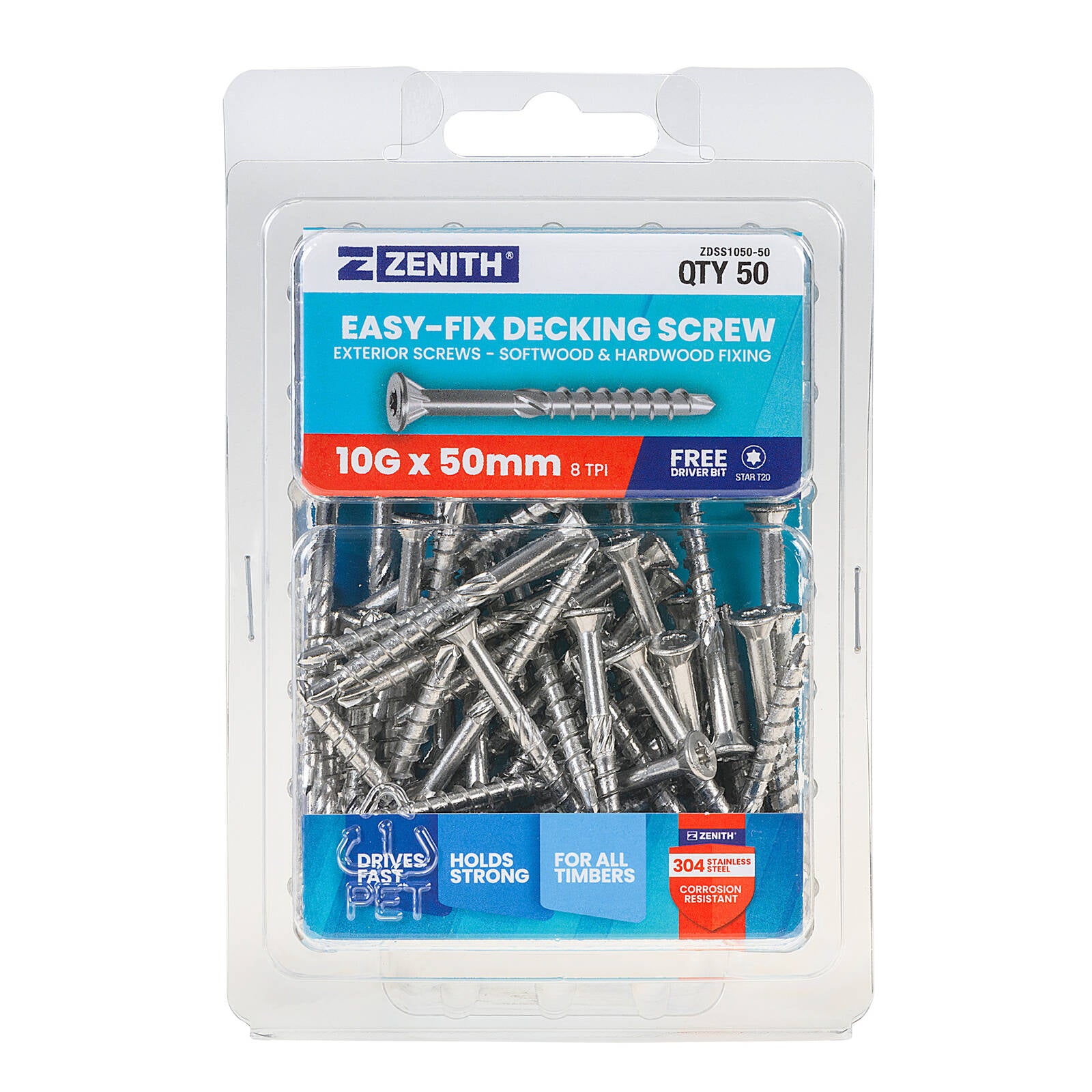 Zenith Easy-Fix Decking Screw T20 10G x 50mm SS304 - 50 Pack