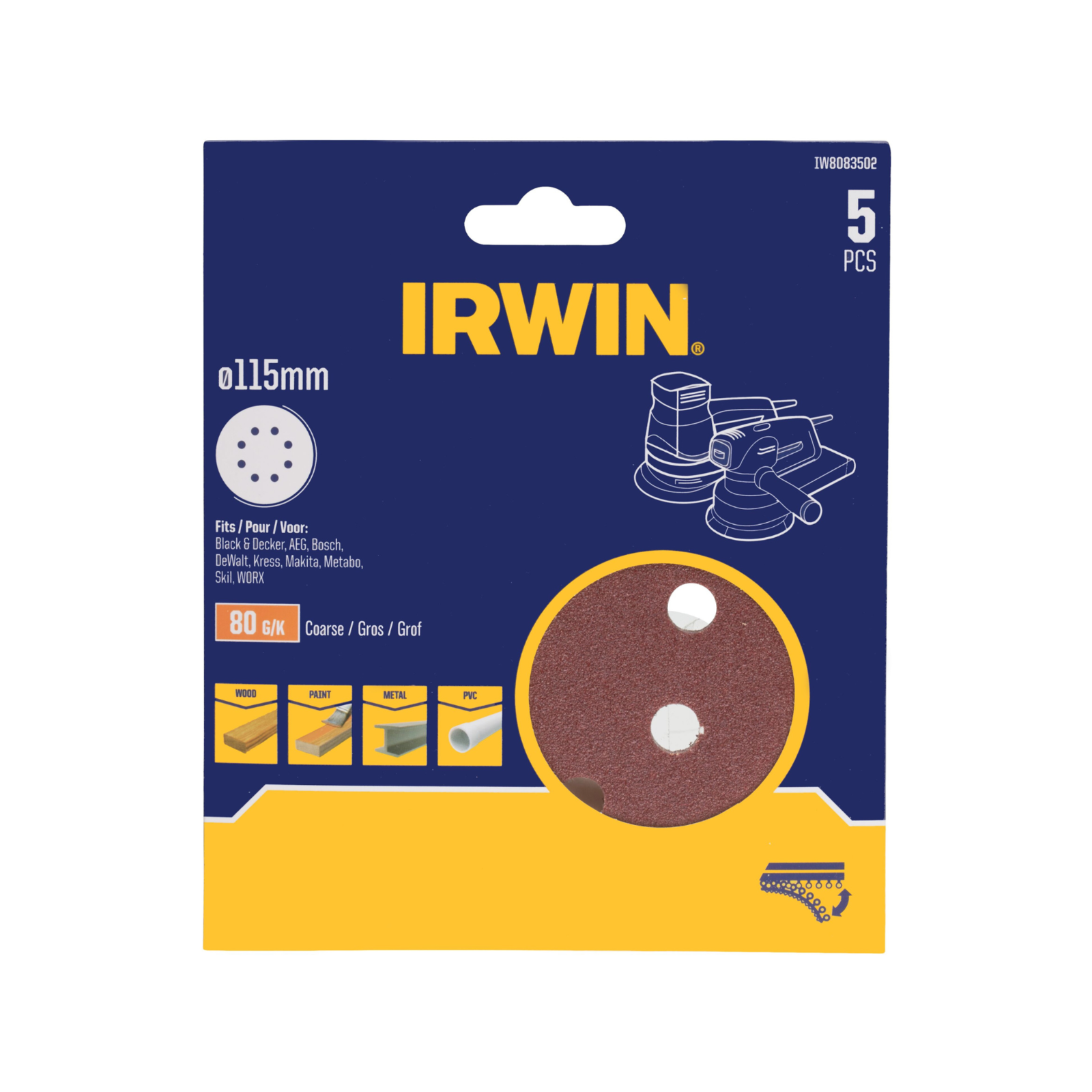 Irwin 115mm 80 Grit Quick Fit Random Orbital Sanding Discs 5 Pack, 8 Holes