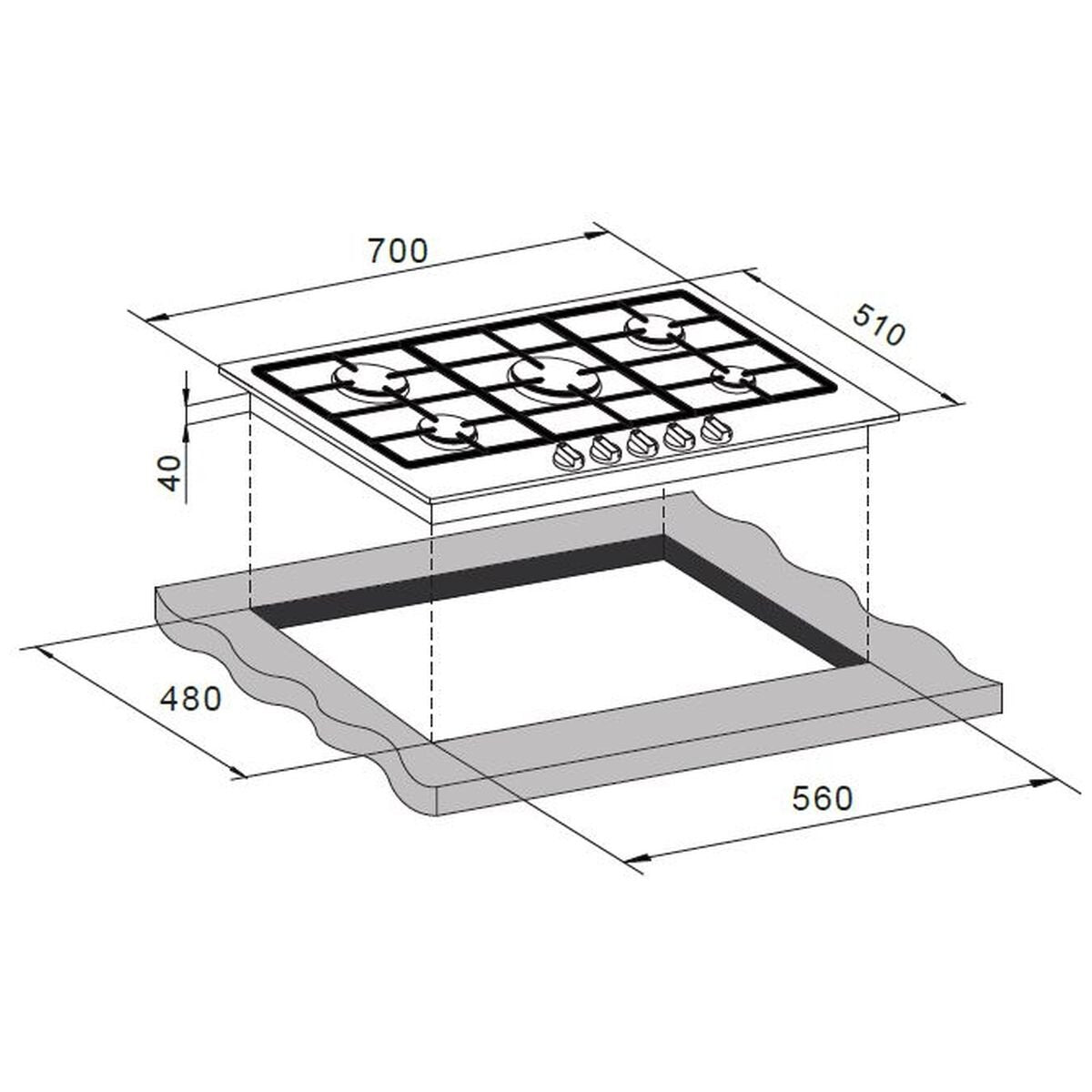 Trinity 70cm 5 Burner Gas Cooktop - Black Tempered Glass - Wok Burner - Cast Iron Trivets - TRG700BK
