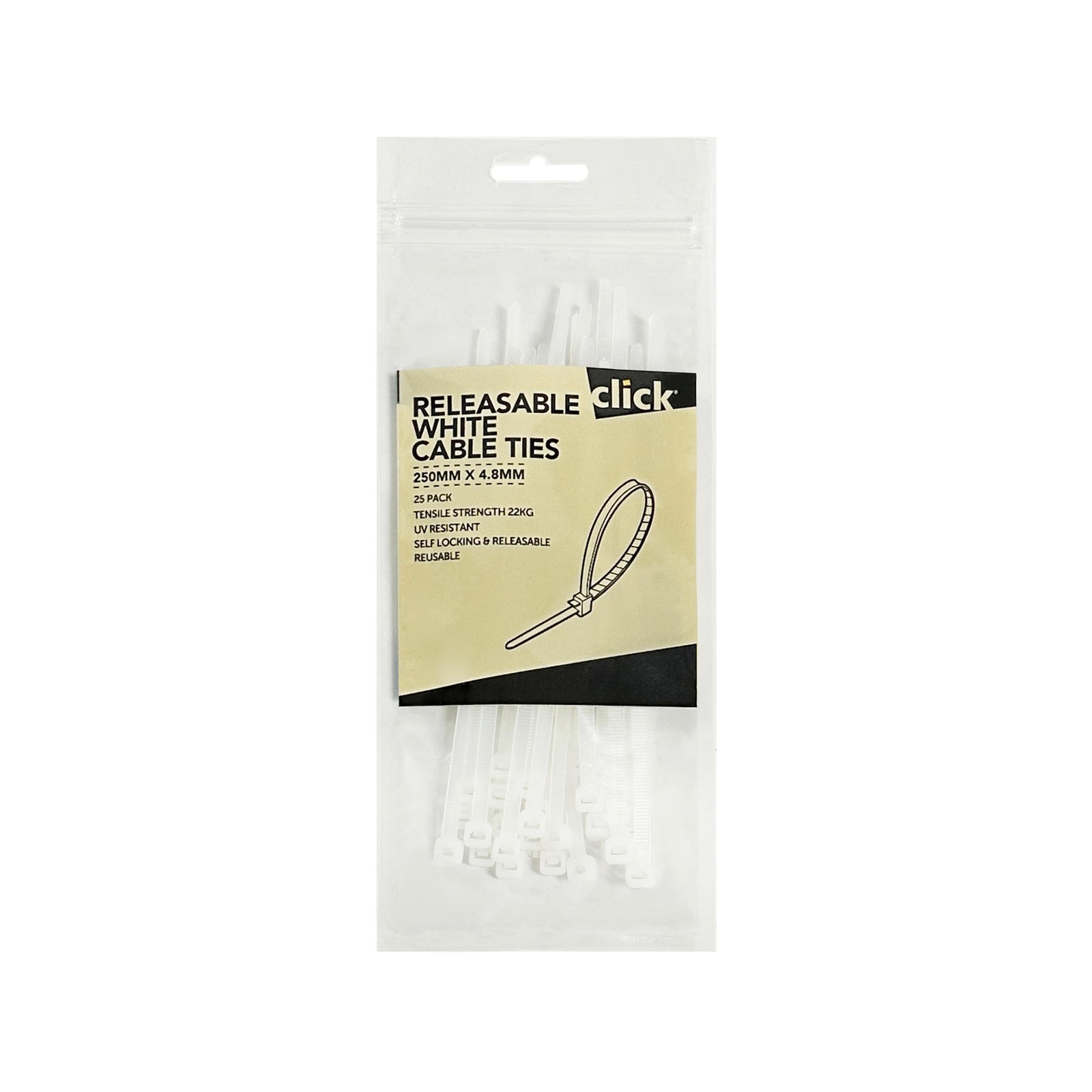 Click 150mm White Releasable Nylon Cable Tie UV Resistant 25 Pack CTR150W