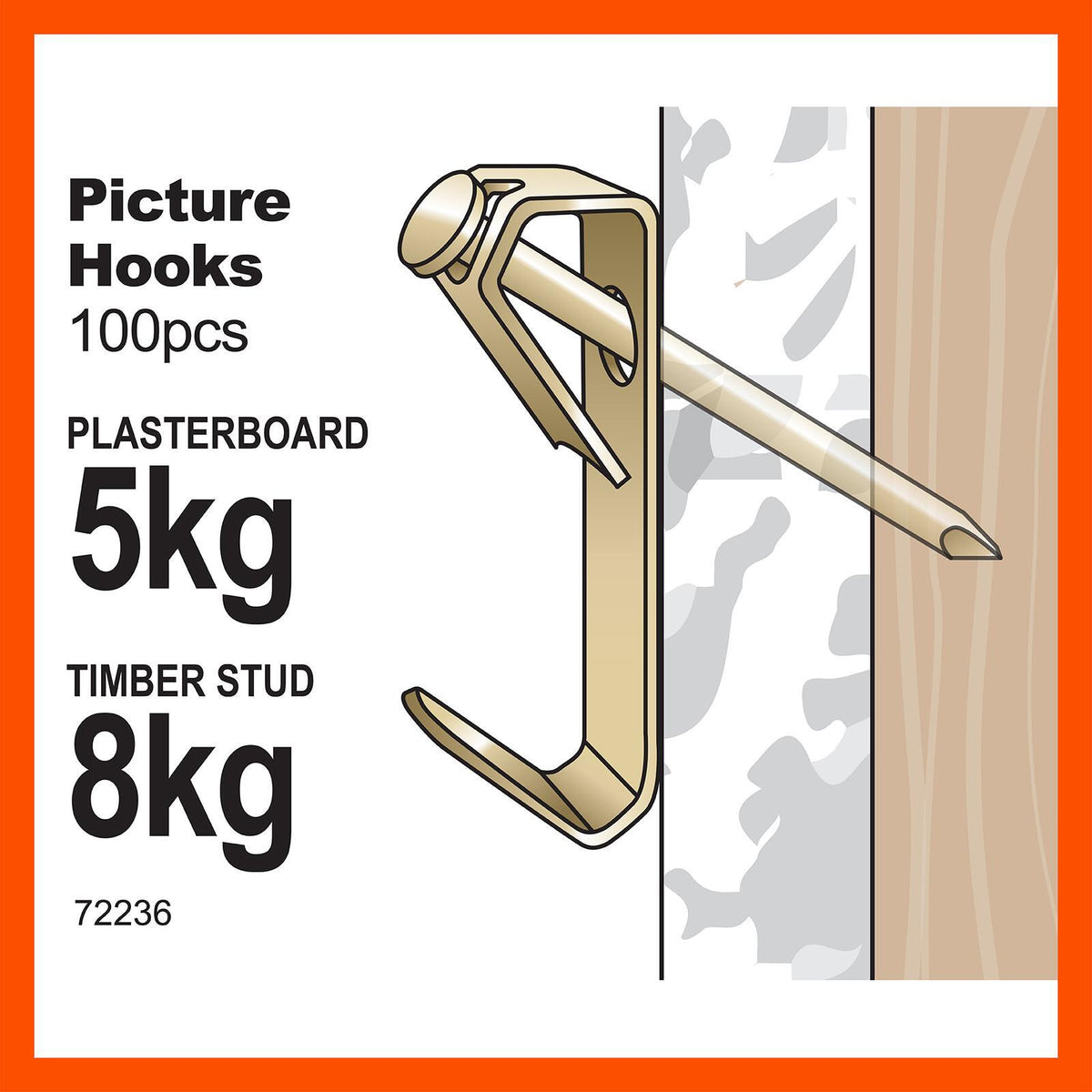 Everhang Brass Plated Angle Drive Picture Hook 8kg - 100 Pack