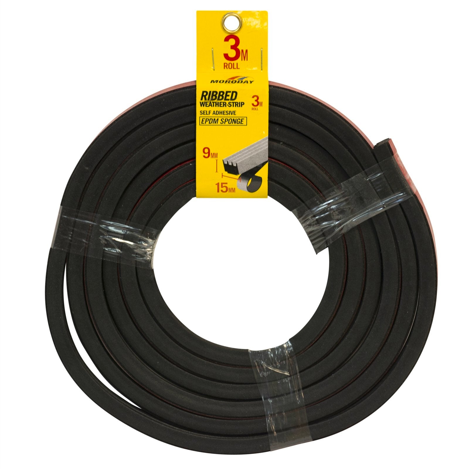 Moroday 15mm x 9mm x 3m Black EPDM Sponge Self Adhesive Ribbed Weather Strip