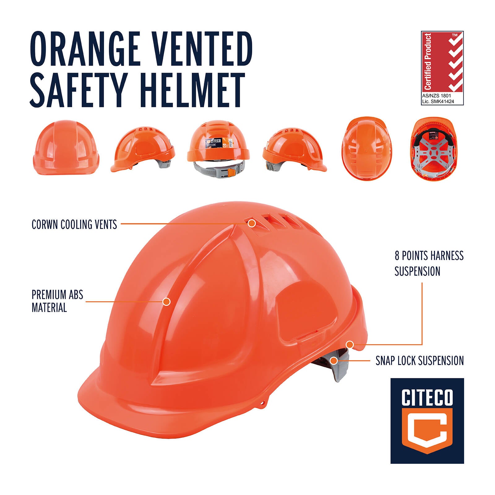 Citeco Orange Vented Safety Helmet with Crown Cooling Vents