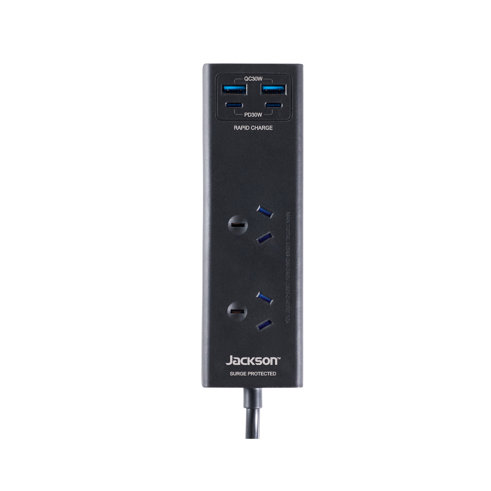 Jackson 2 Outlet Portable Powerboard, USB-A x2 & USB-C PD30W, 175J Surge, Black