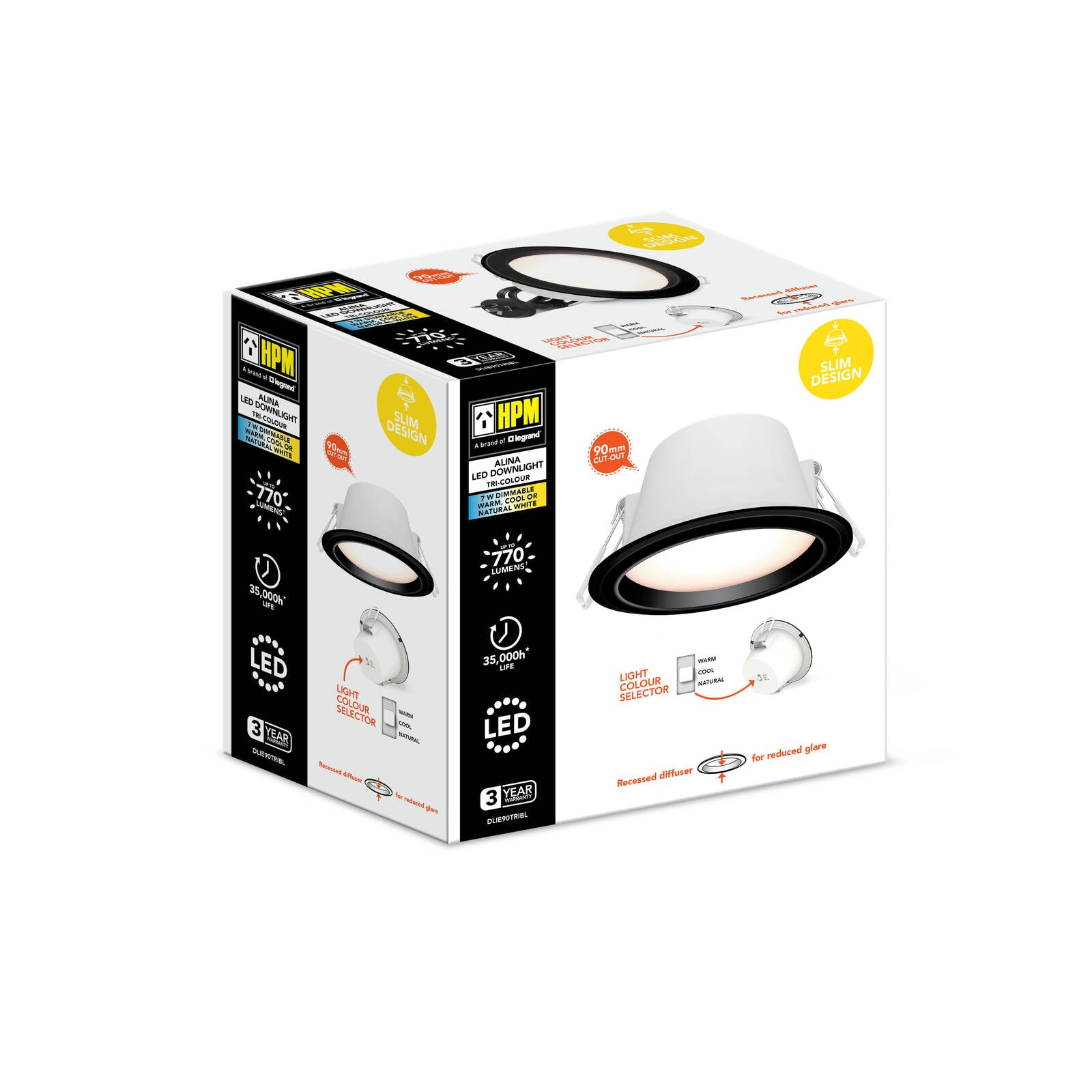 HPM Alina LED 7W 770lm Tri-Colour Recessed Downlight 90mm Black