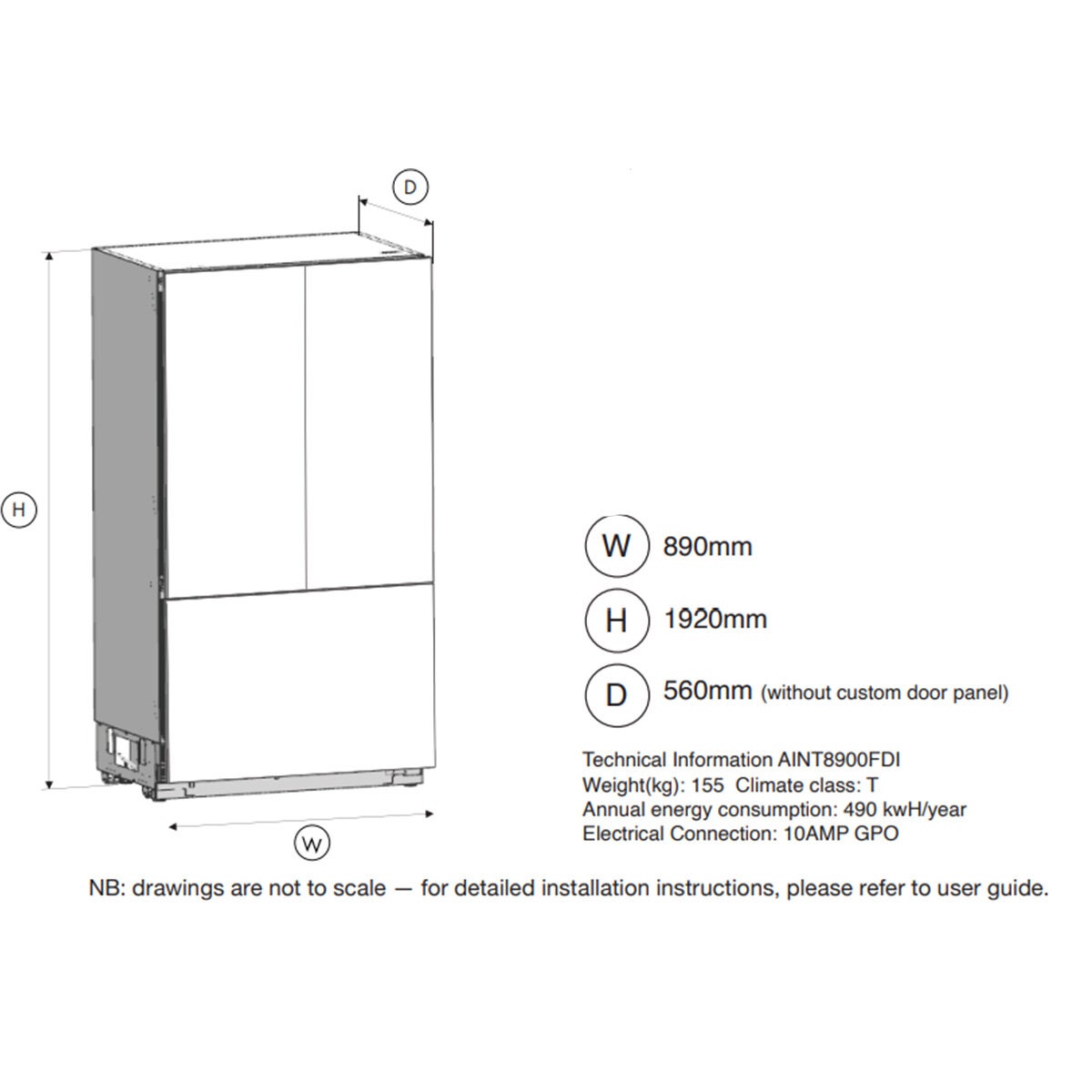 Artusi 90cm Integrated French Door Refrigerator - 439L, Frost Free, 2.5 Star Rating - AINT8900FD