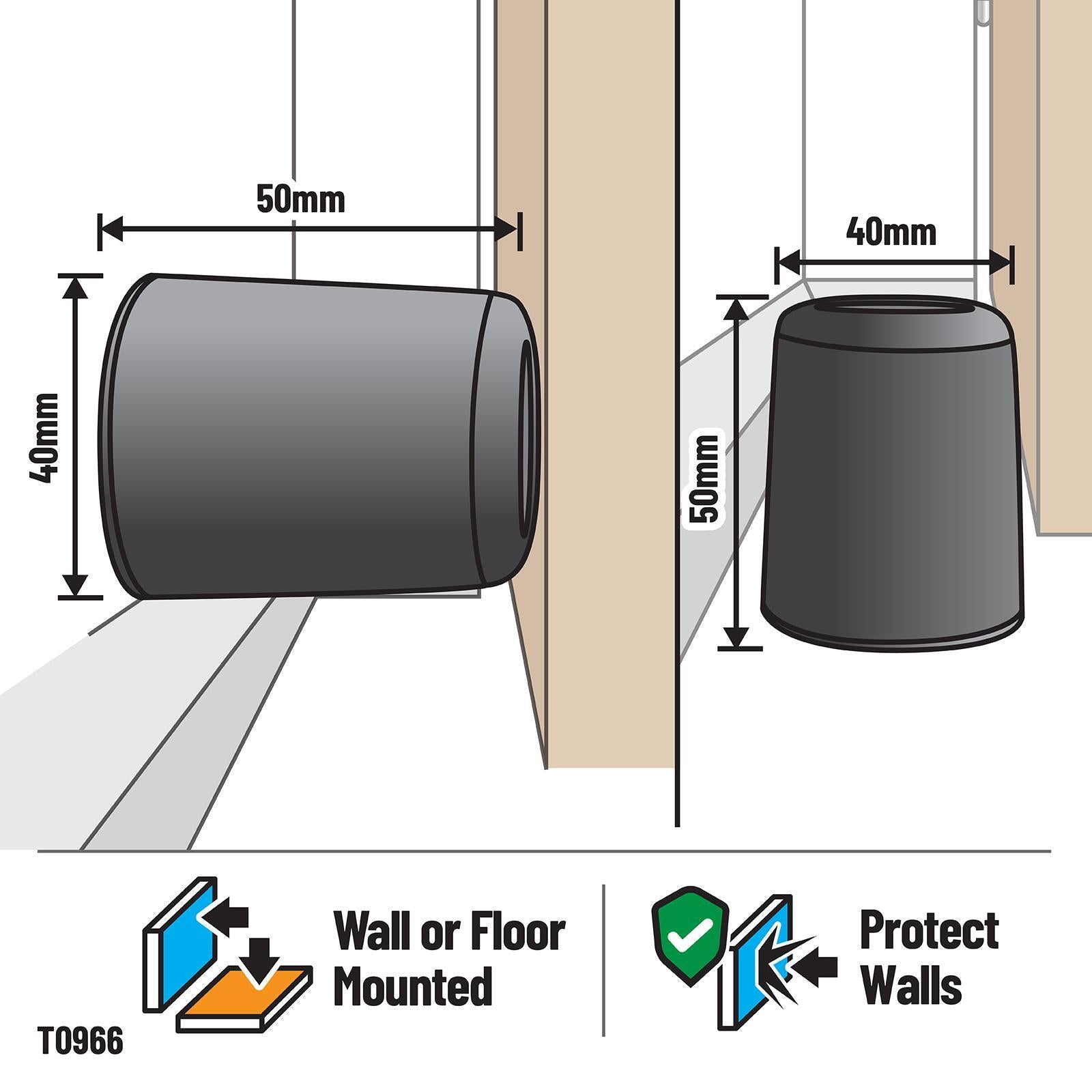 Adoored 50mm Black Round Rubber Door Stop - Wall or Floor Mounted