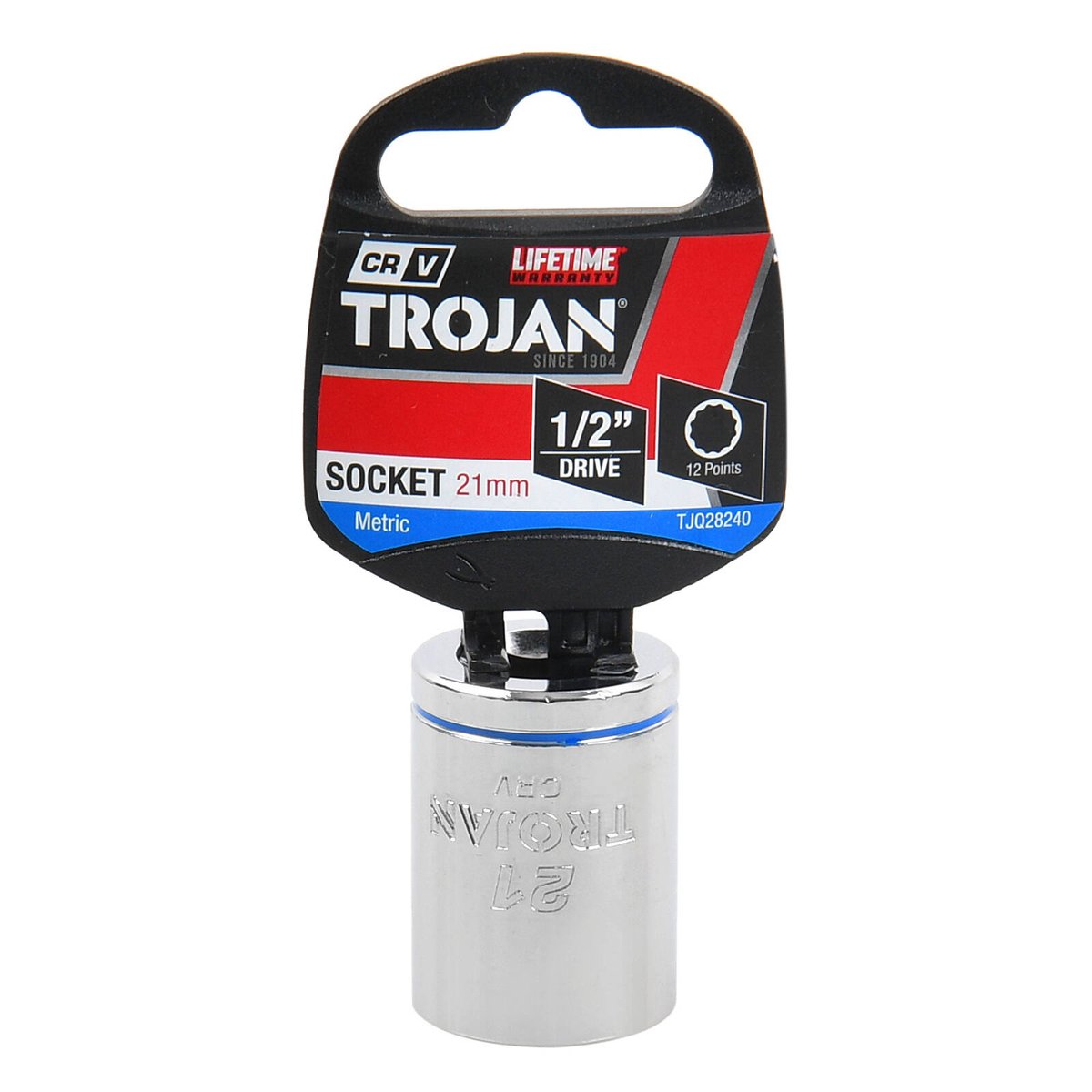 Trojan 21mm Socket 1/2" Drive, Chrome Vanadium 12 Point Metric