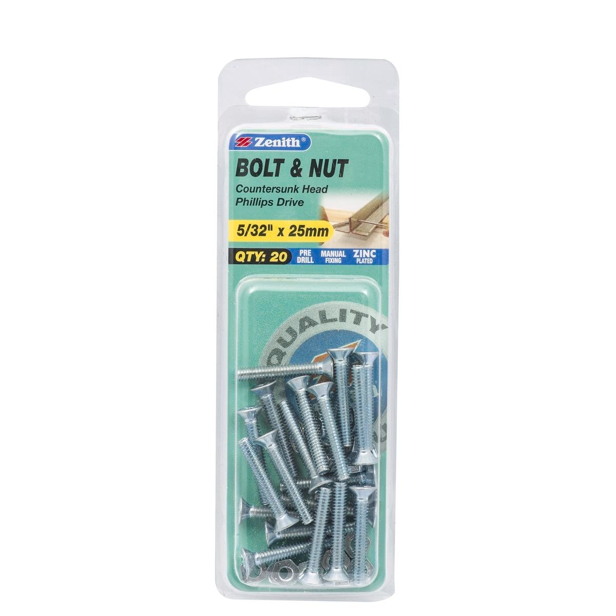 Zenith Countersunk Head Bolt - 5/32 x 25mm - Zinc Plated - Flush Finish - 20 Pack - SuperSaverAU - view 1