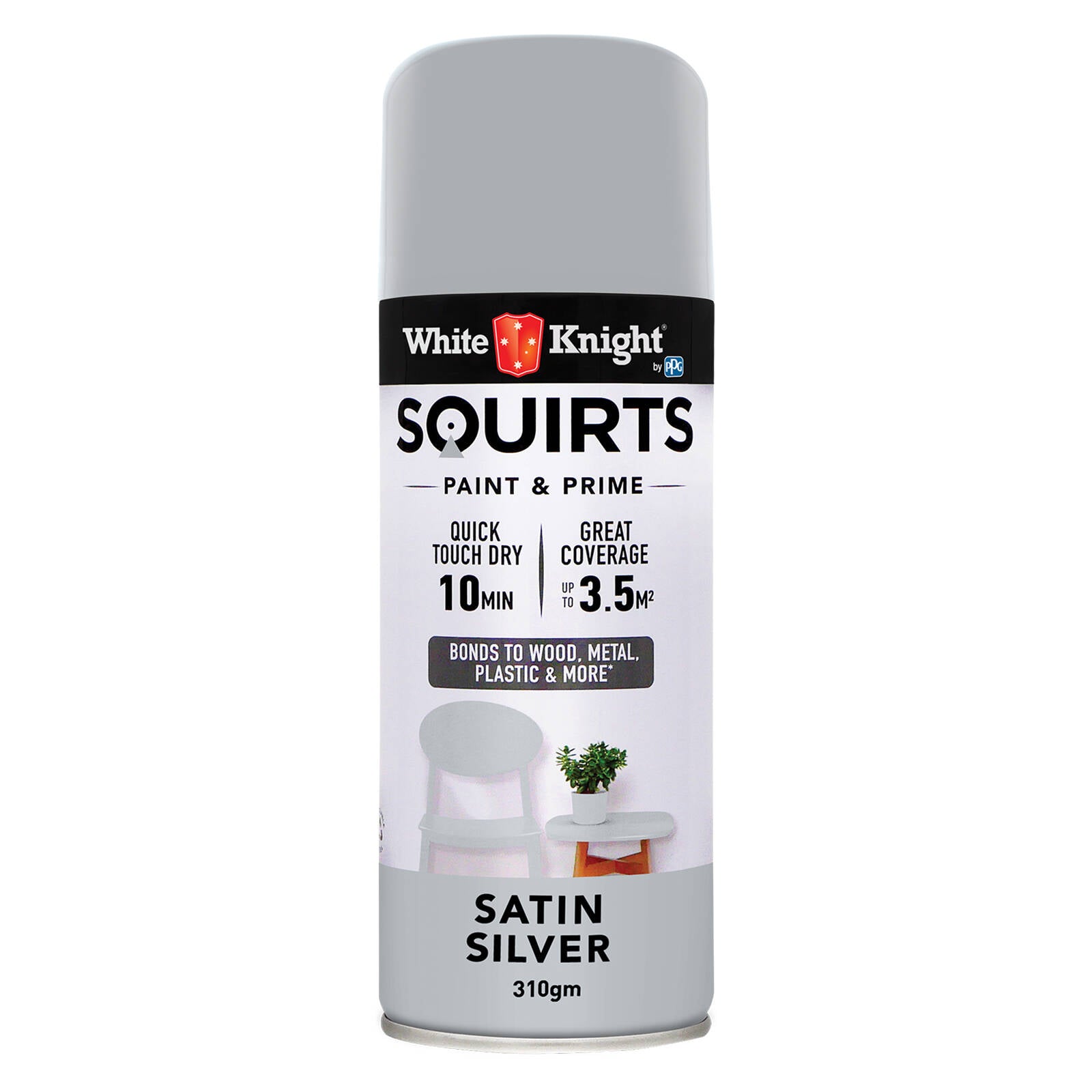 White Knight Squirts 310g Silver Satin Spray Paint - Indoor/Outdoor