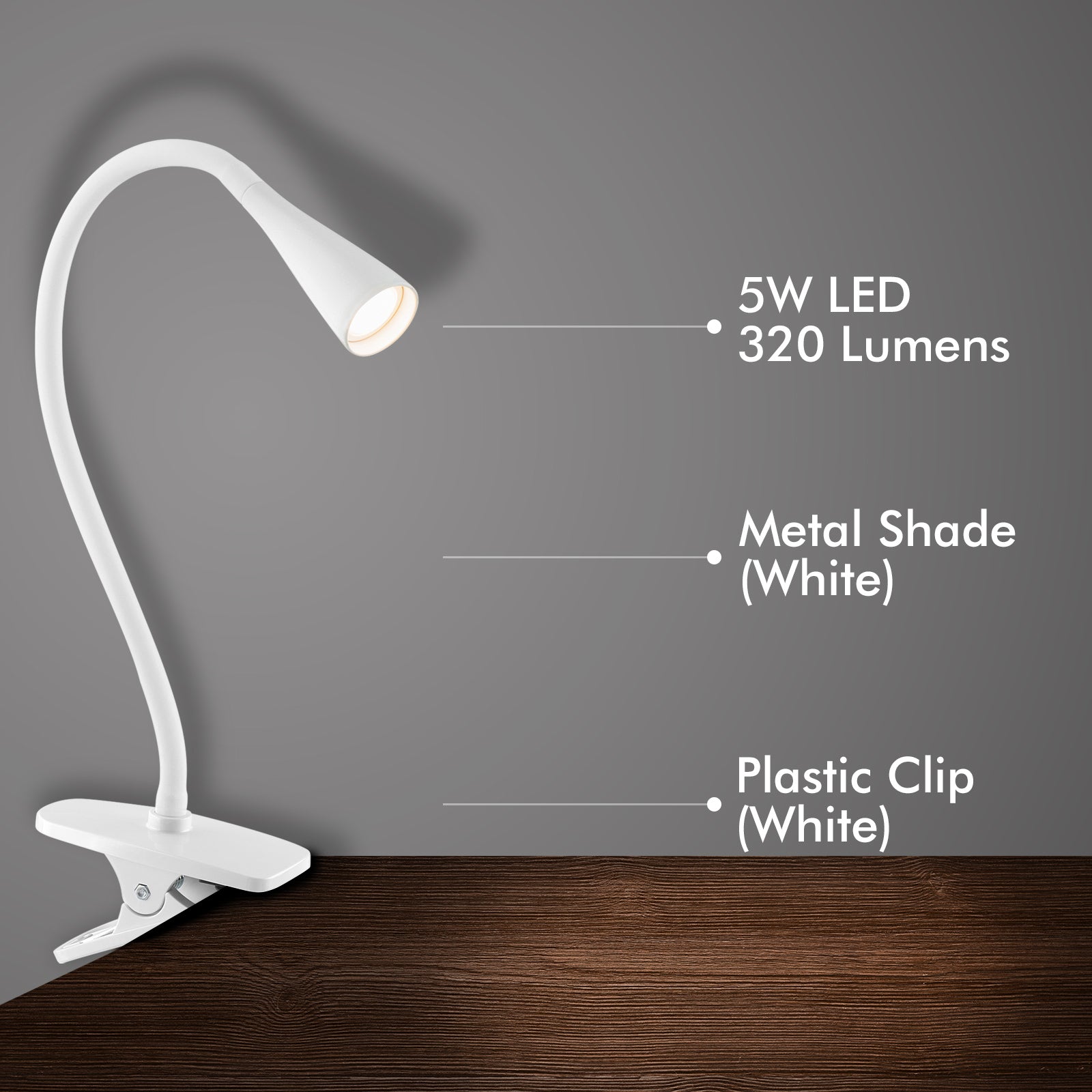 Verve Design Dale 225mm LED Gooseneck Clip Lamp ATL103WH, 5W Adjustable Clamp Lamp, White