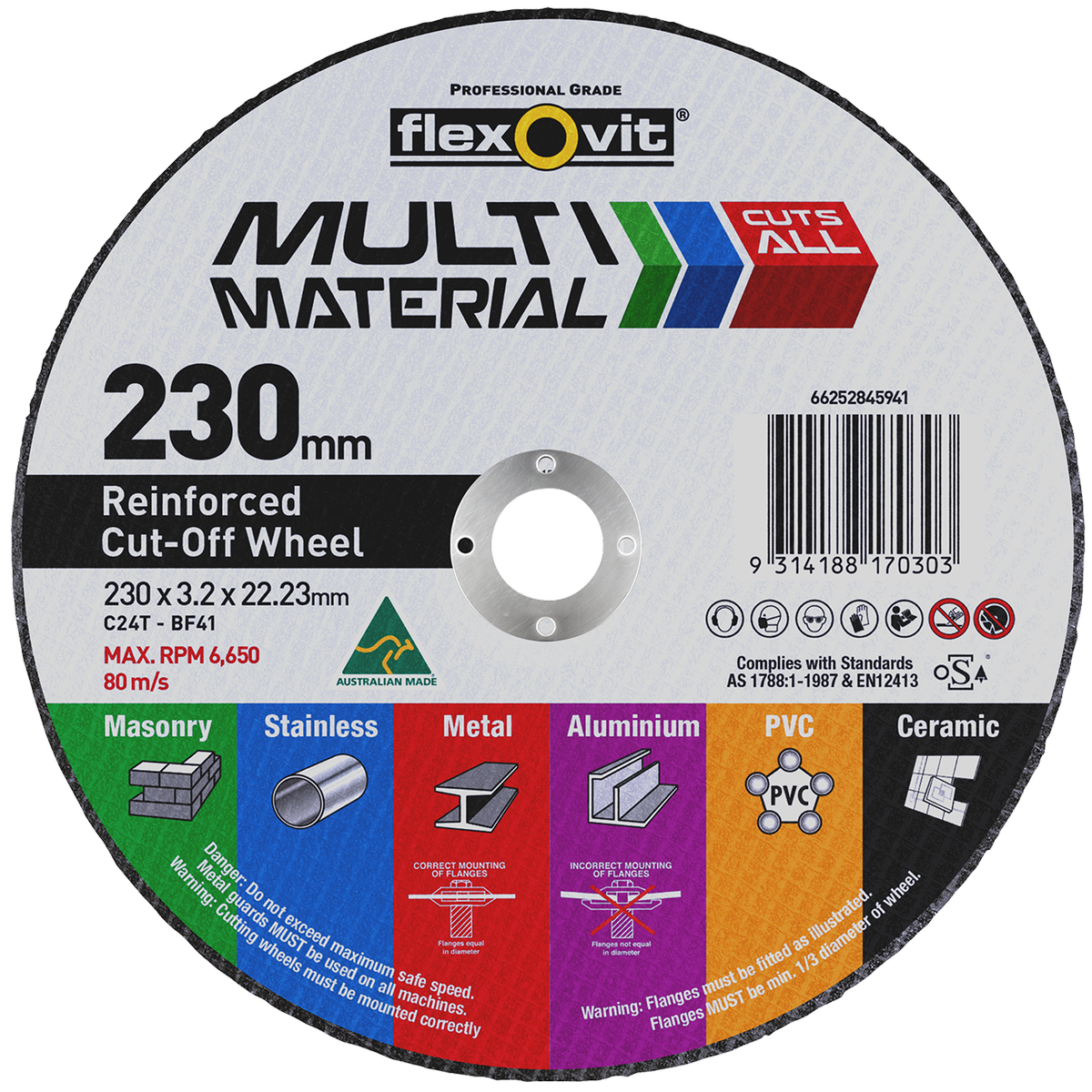 Flexovit Cut Off Wheel - 230mm x 3.2mm - Silicone Carbide - Multi Material - SuperSaverAU - view 1