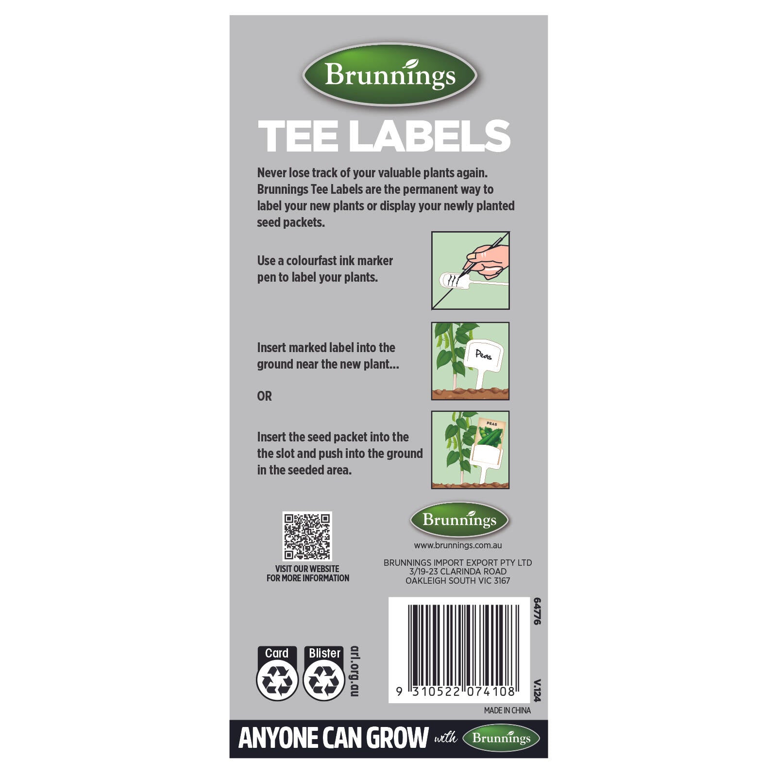 Brunnings Tee Plant Labels 125mm, Reusable Garden Markers, 20 Pack