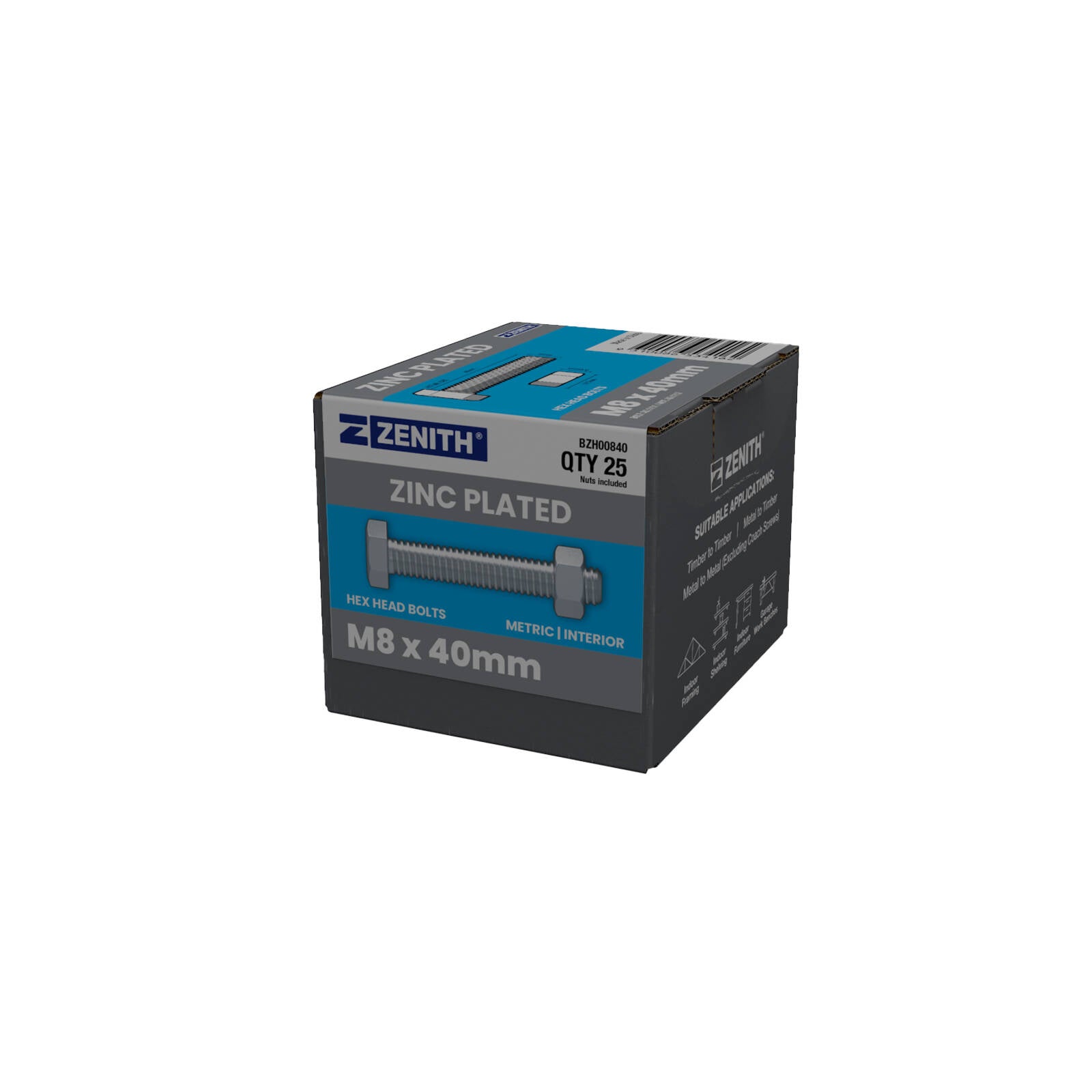 ZENITH M8 x 40mm Zinc Plated Hex Head Bolts and Nuts 25 Pack 4.6 Grade Steel