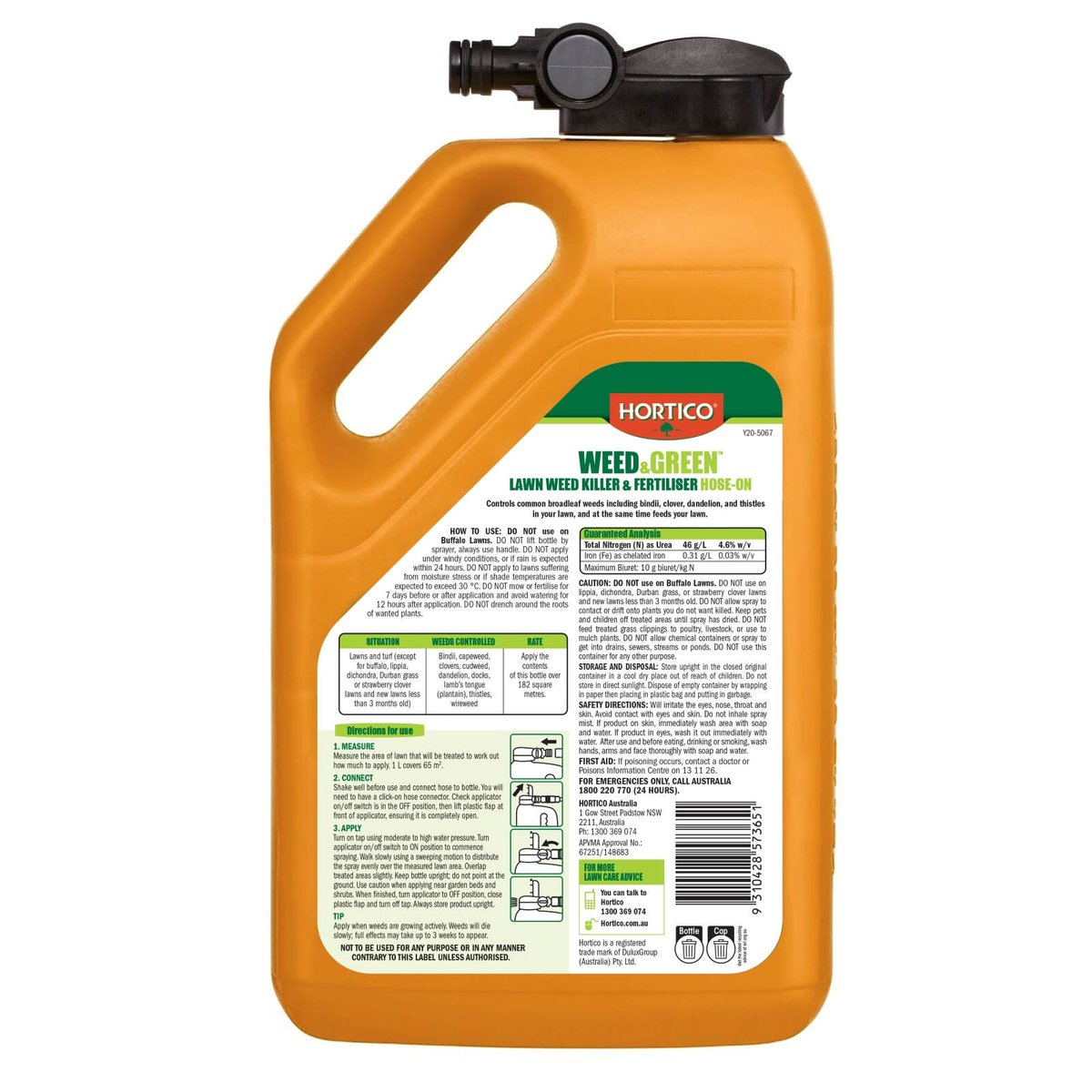 Hortico 2.8L Weed Green Hose On - Controls Weeds - Feeds Lawn - 182m² Coverage - SuperSaverAU - view 2