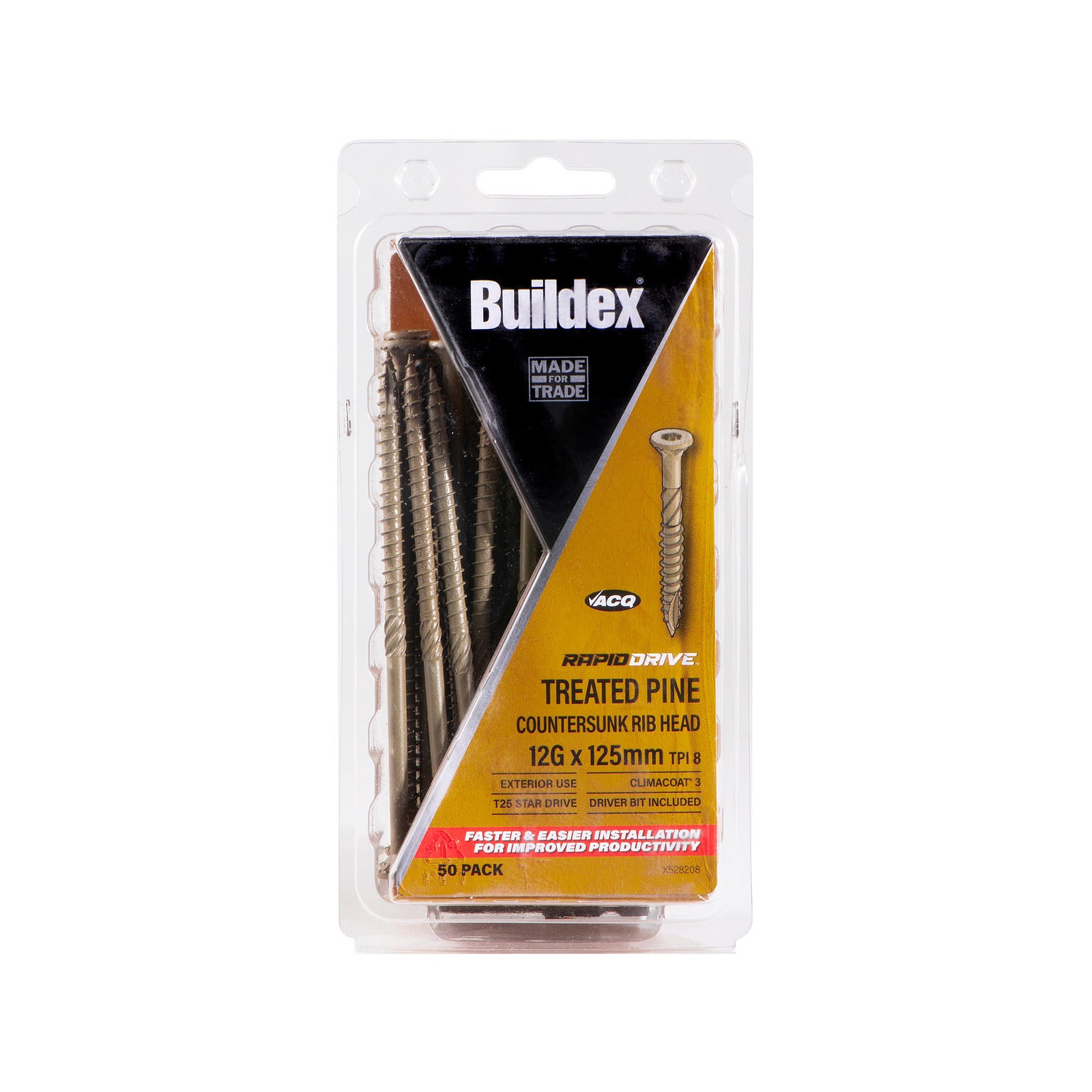 Buildex 12G x 125mm 8 TPI RapidDrive Treated Pine Climacoat Screws 50 Box