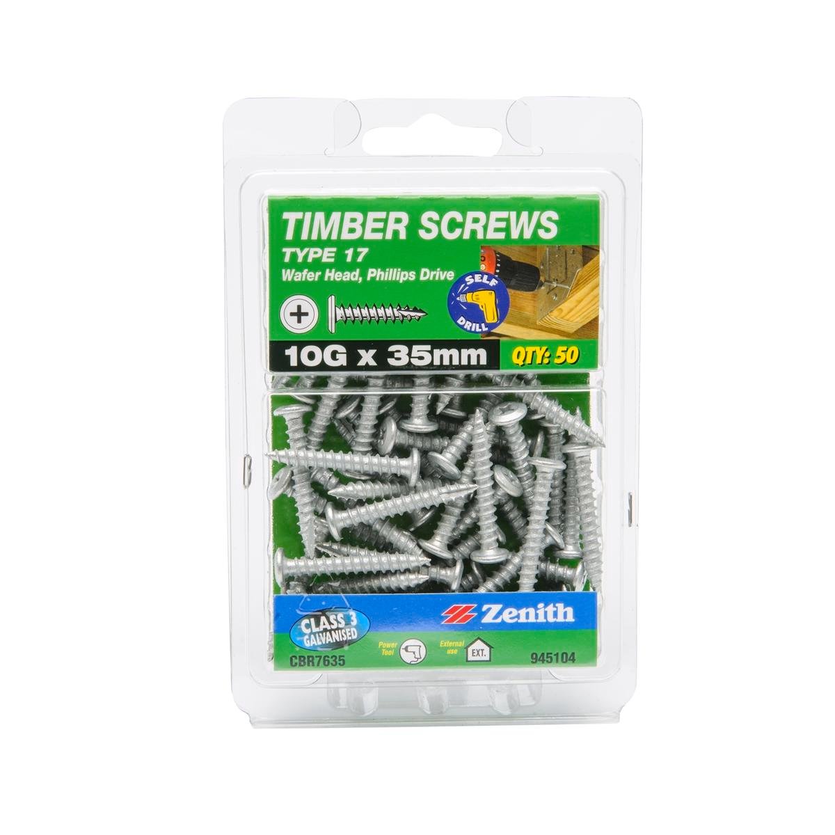 Zenith 10G x 35mm Galvanised Type 17 Wafer Head Timber Screws - 50 Pack