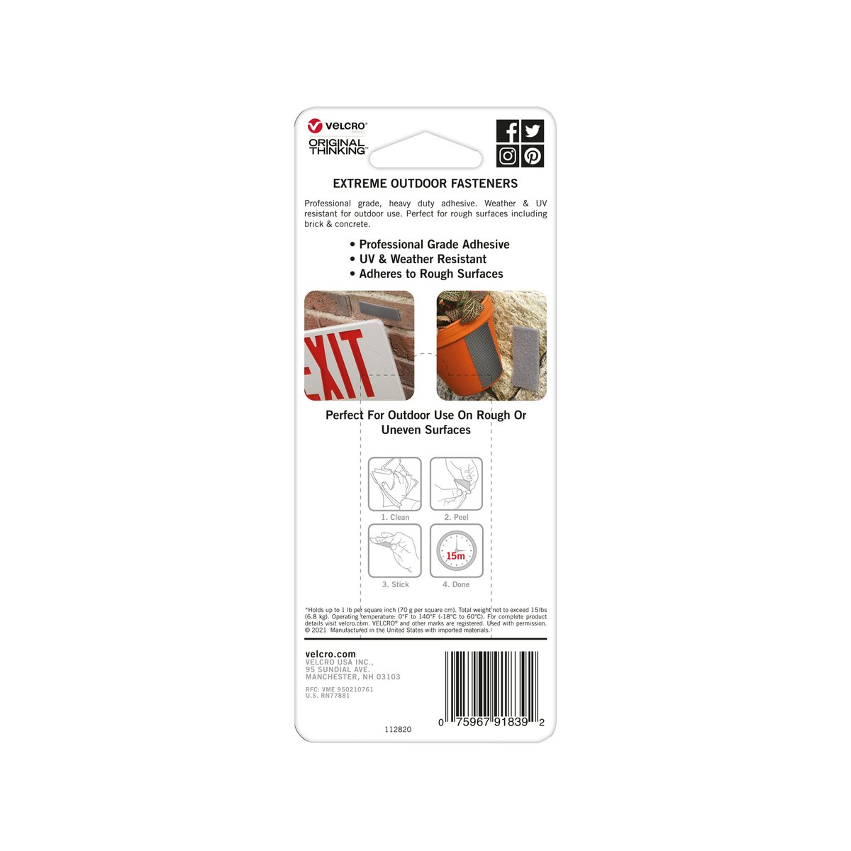 VELCRO Brand Extreme Outdoor Strips, Black, 50mm x 10cm, 2 Pack, Weather Resistant