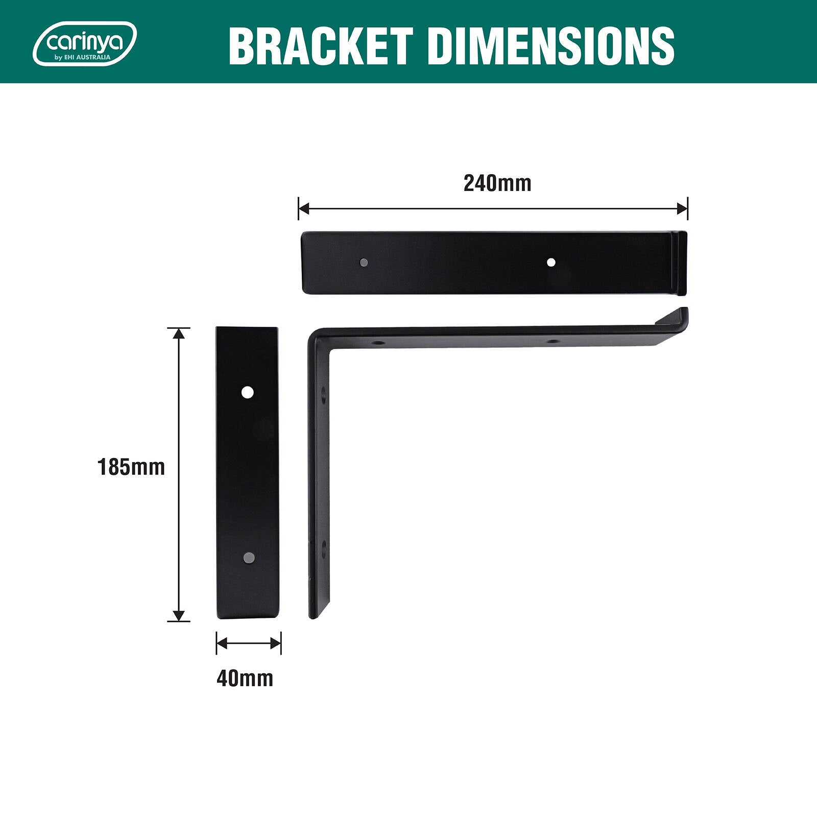 Carinya 240 x 185mm Black Powder Coated Steel Lipped Angle Bracket Wall Mount 50kg Load